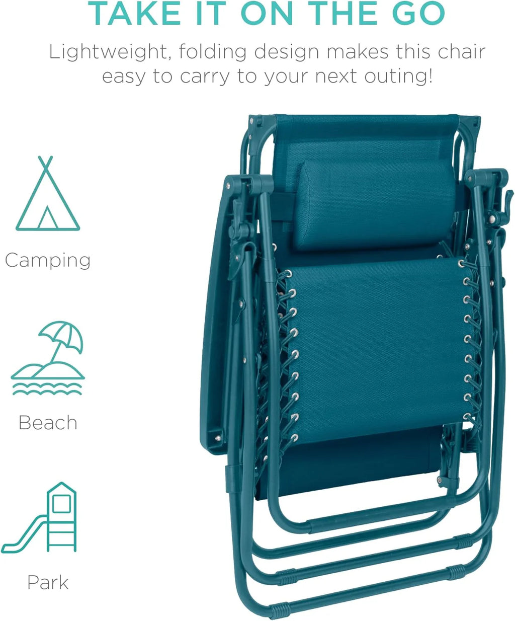 Best Choice Products – Silla Reclinable de Patio con Gravedad Cero, Ajustable y Plegable para Exteriores con Dosel, Almohada Cervical y Bandeja Lateral, Textileno – Azul Pavo Real