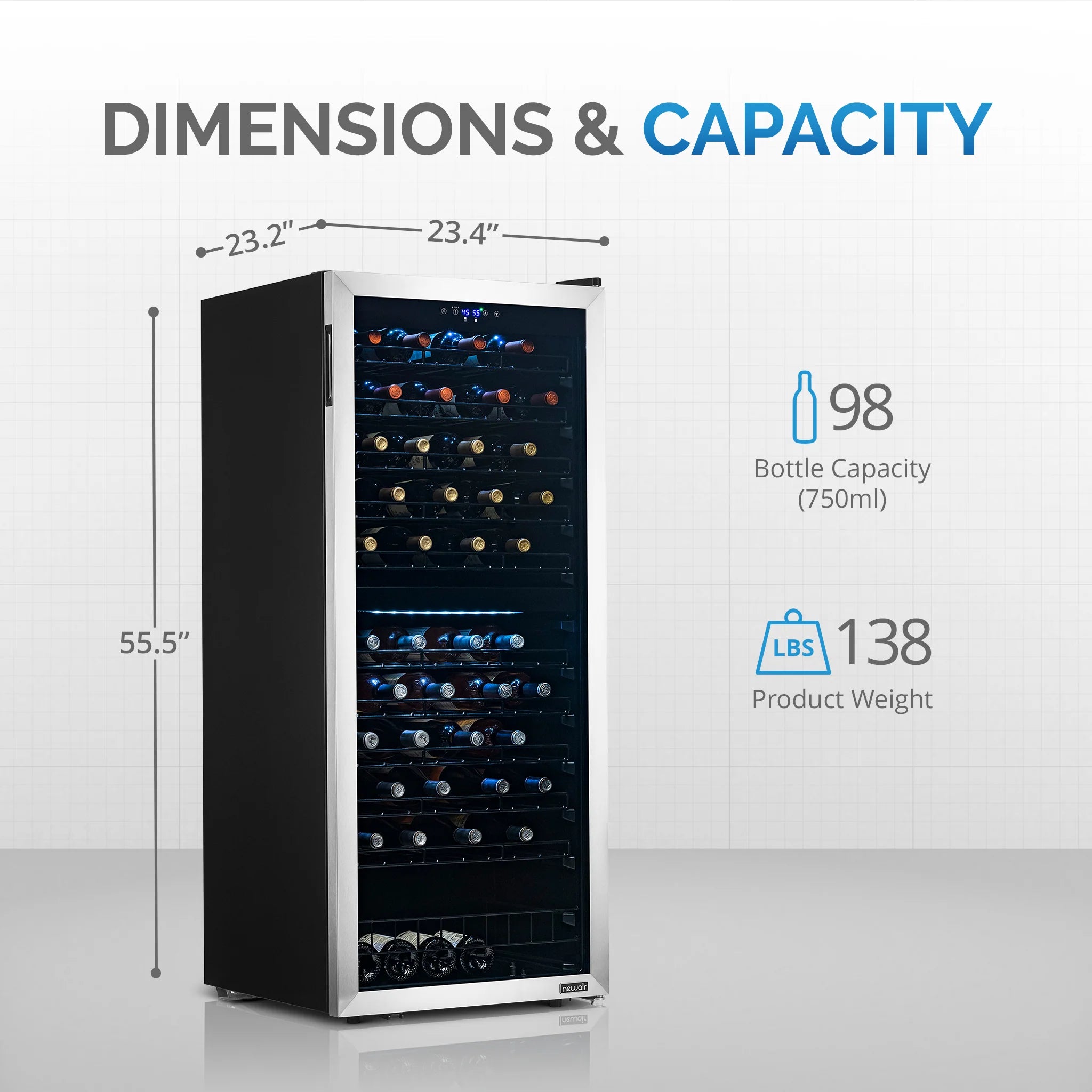 2025 Refrigerador de Vinos Independiente Newair® de Acero Inoxidable – 98 Botellas – 23" con Doble Zona