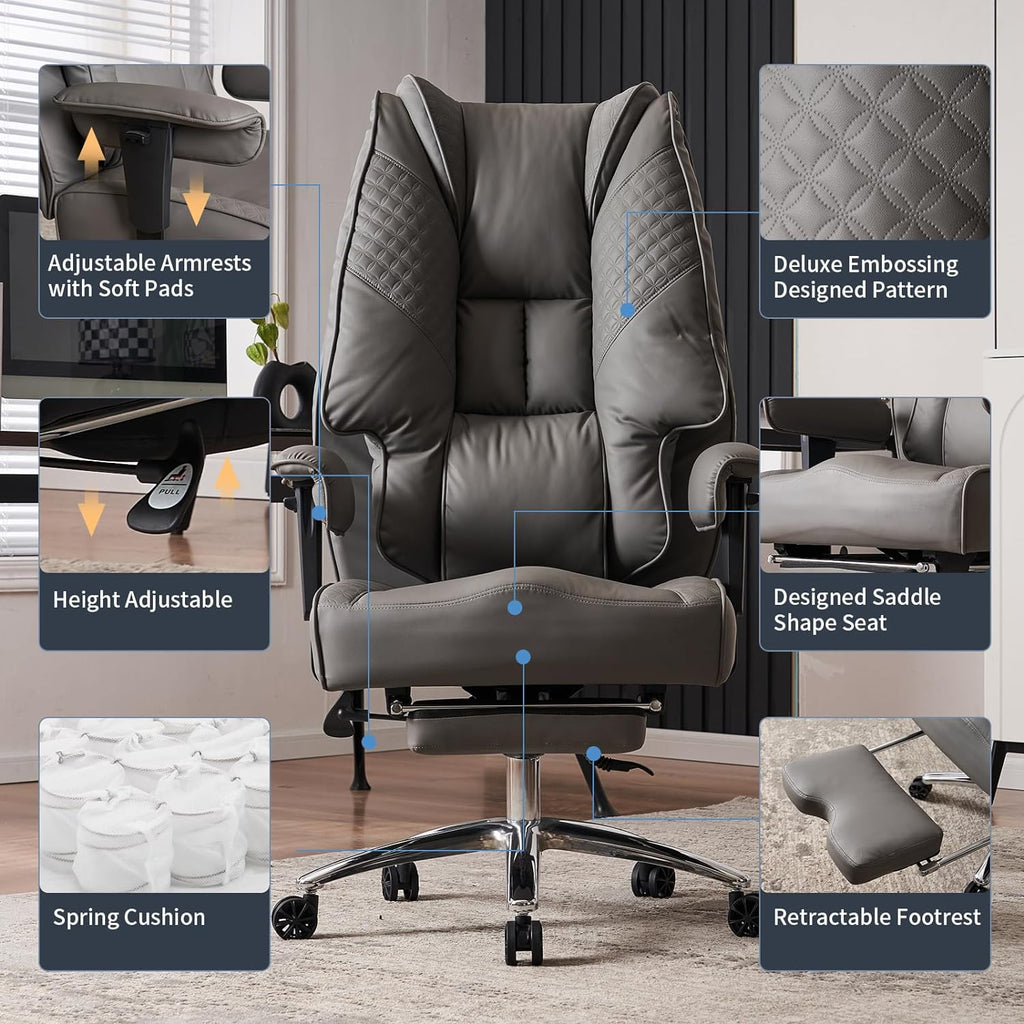 Silla de Oficina Alta y Ancha para 400 lbs, Silla Ejecutiva de Cuero con Respaldo Alto y Reposapiés, Silla Ergonómica con Soporte Lumbar para Aliviar el Dolor de Espalda Baja (Beige)