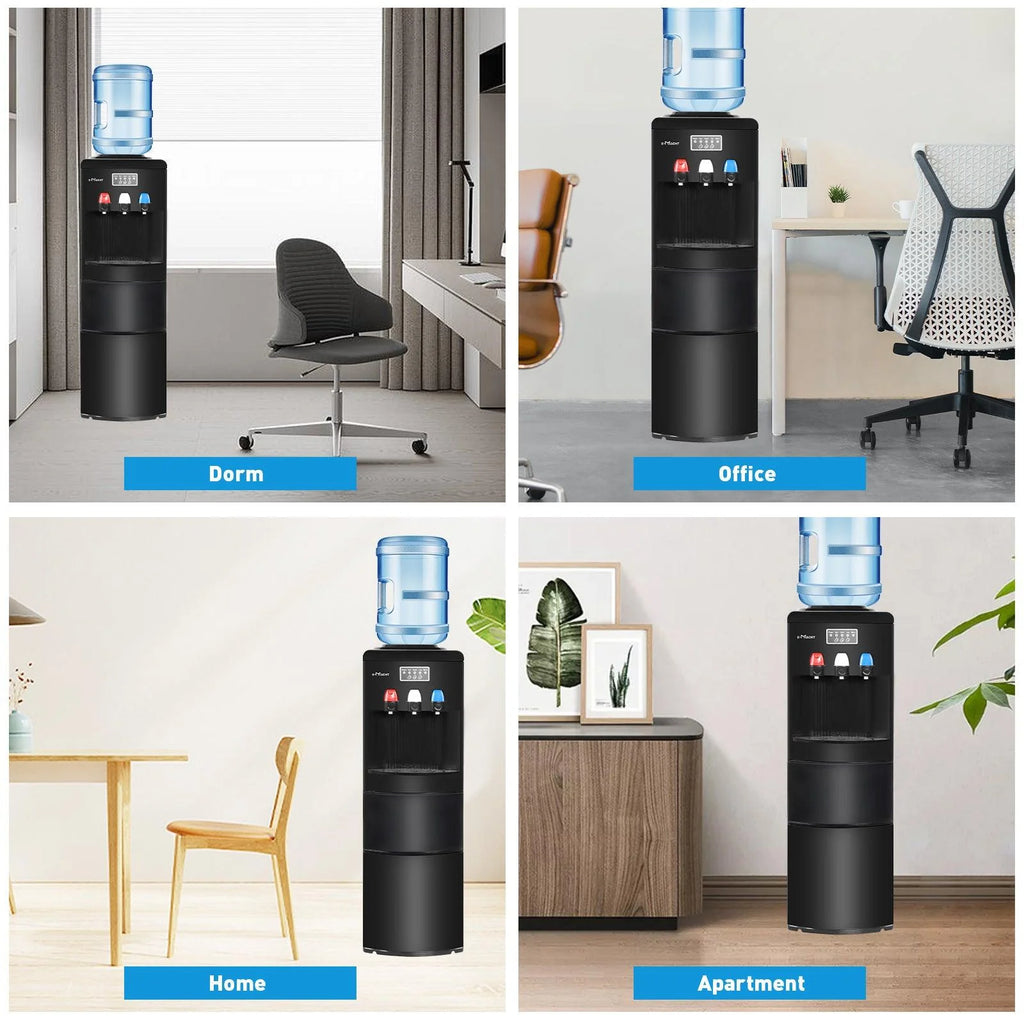 Dispensador de agua 2 en 1 con fábrica de hielo – Para botellas de 3 a 5 galones – Seguridad infantil – Negro