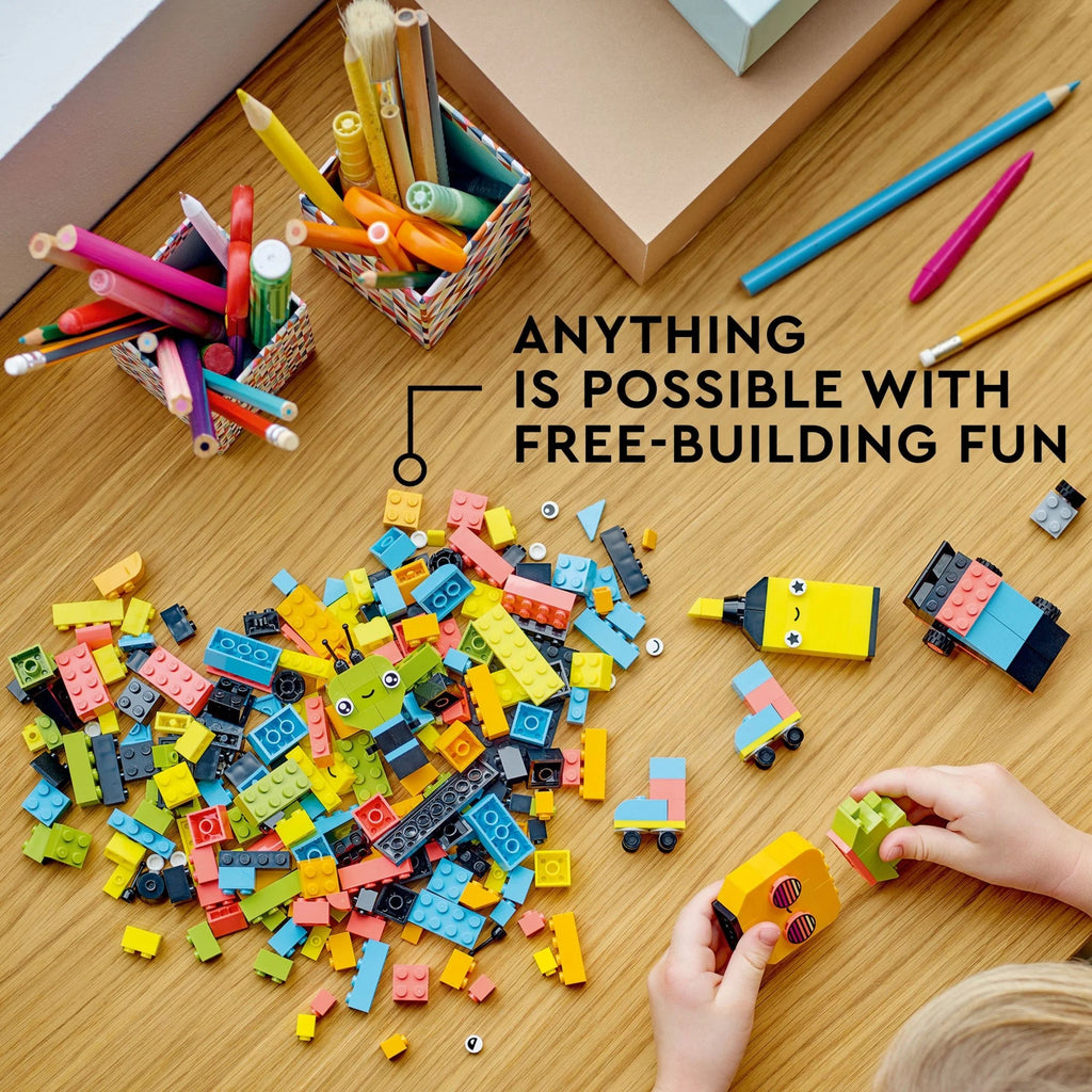 LEGO Classic Caja de Ladrillos Creativos de Colores Neón Set 11027, Juguete de Construcción para Crear un Coche, Piña, Extraterrestre, Patines y Más Ideas para Construir, para Niños y Niñas de 5 Años en Adelante