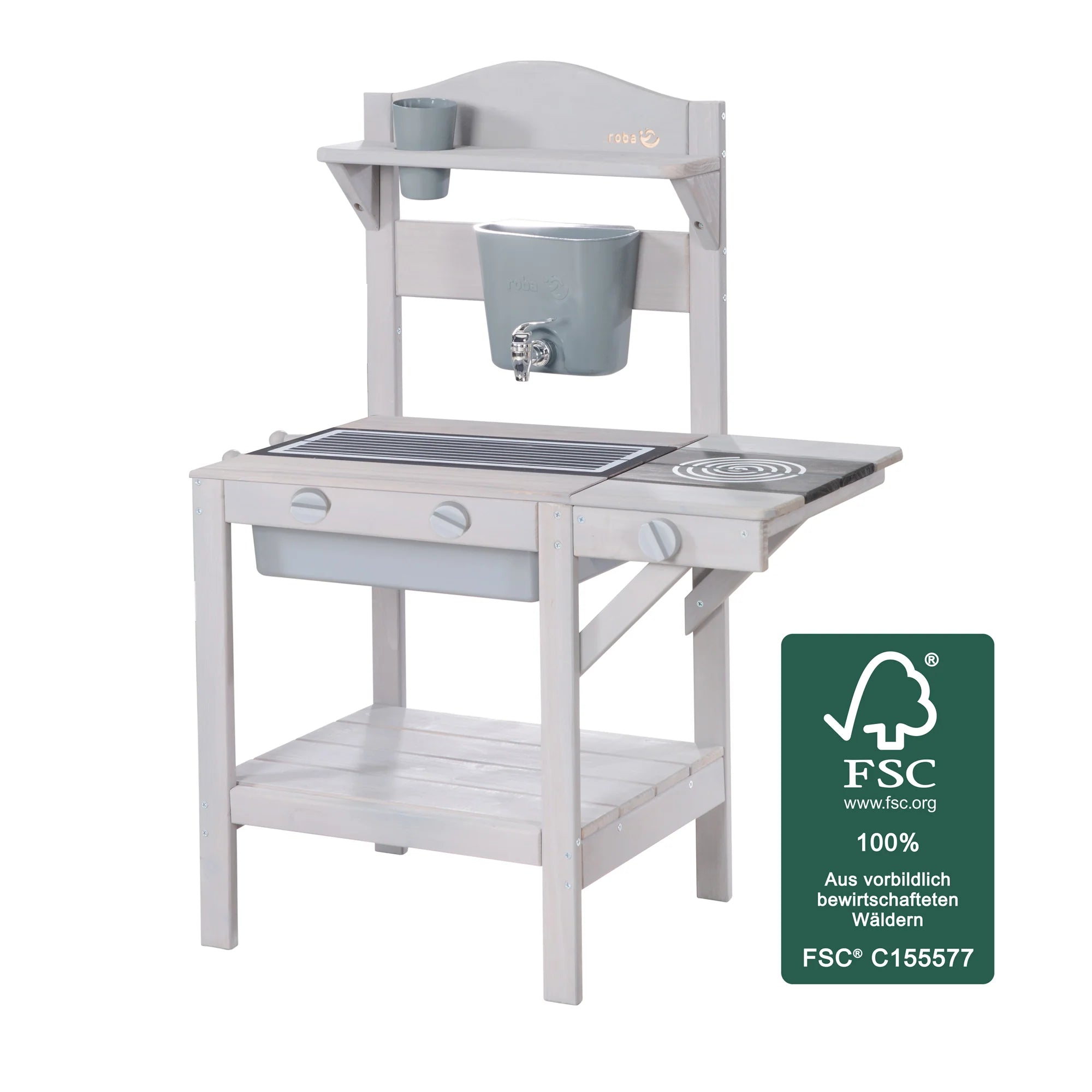 Cocina de juego al aire libre con accesorios – Madera certificada FSC – Acabado en gris grabado
