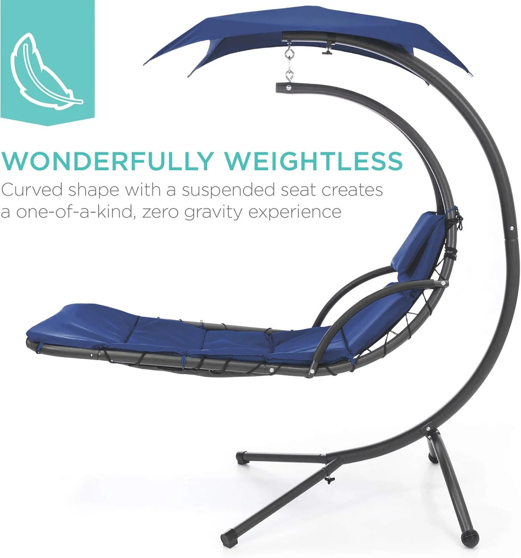 Chaise Longue Suspendue de Exterior Best Choice Products – Silla Balancín Curvada de Acero con Cojín Integrado y Toldo Desmontable – Gris Carbón