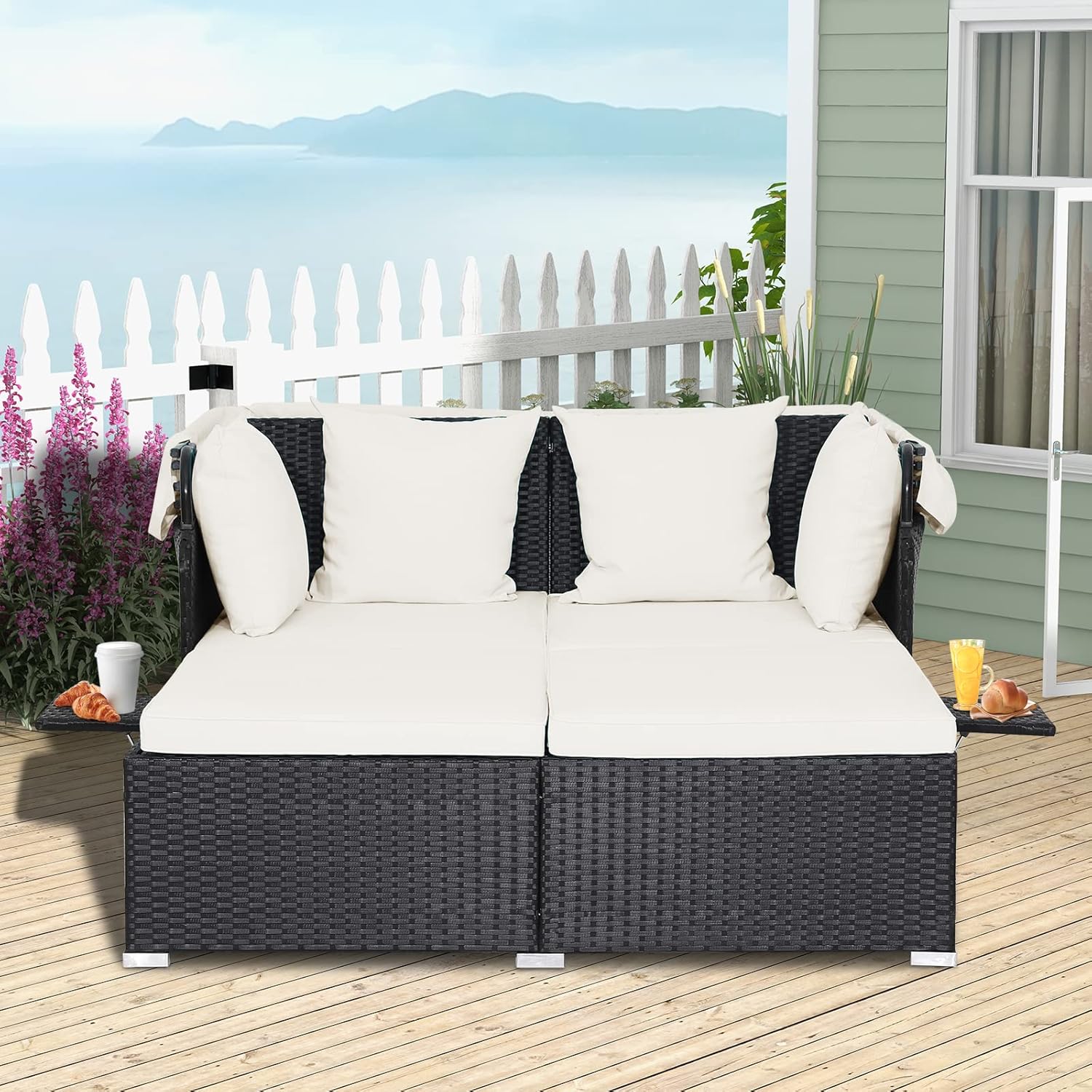 RELAX4LIFE Cama de Jardín Exterior con Dosel, Tumbona de Resina Trenzada con Cojines, 4 Almohadas y 2 Bandejas Laterales Retráctiles, Cama Lounge para 2 Personas para Piscina, Porche, Jardín, Cama de Exterior de Ratán (Turquesa)