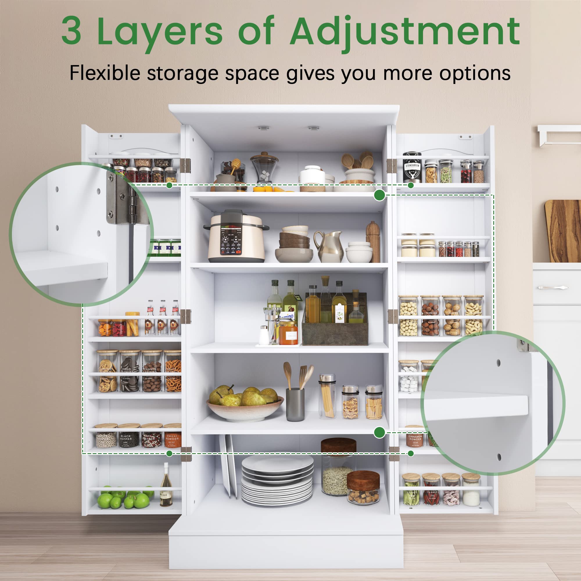 Jehiatek Alacena de Cocina de 47 pulgadas, Gabinete Blanco Independiente tipo Aparador con Puertas y Estantes Ajustables, Mueble de Almacenamiento para Cocina, Sala de Estar y Comedor