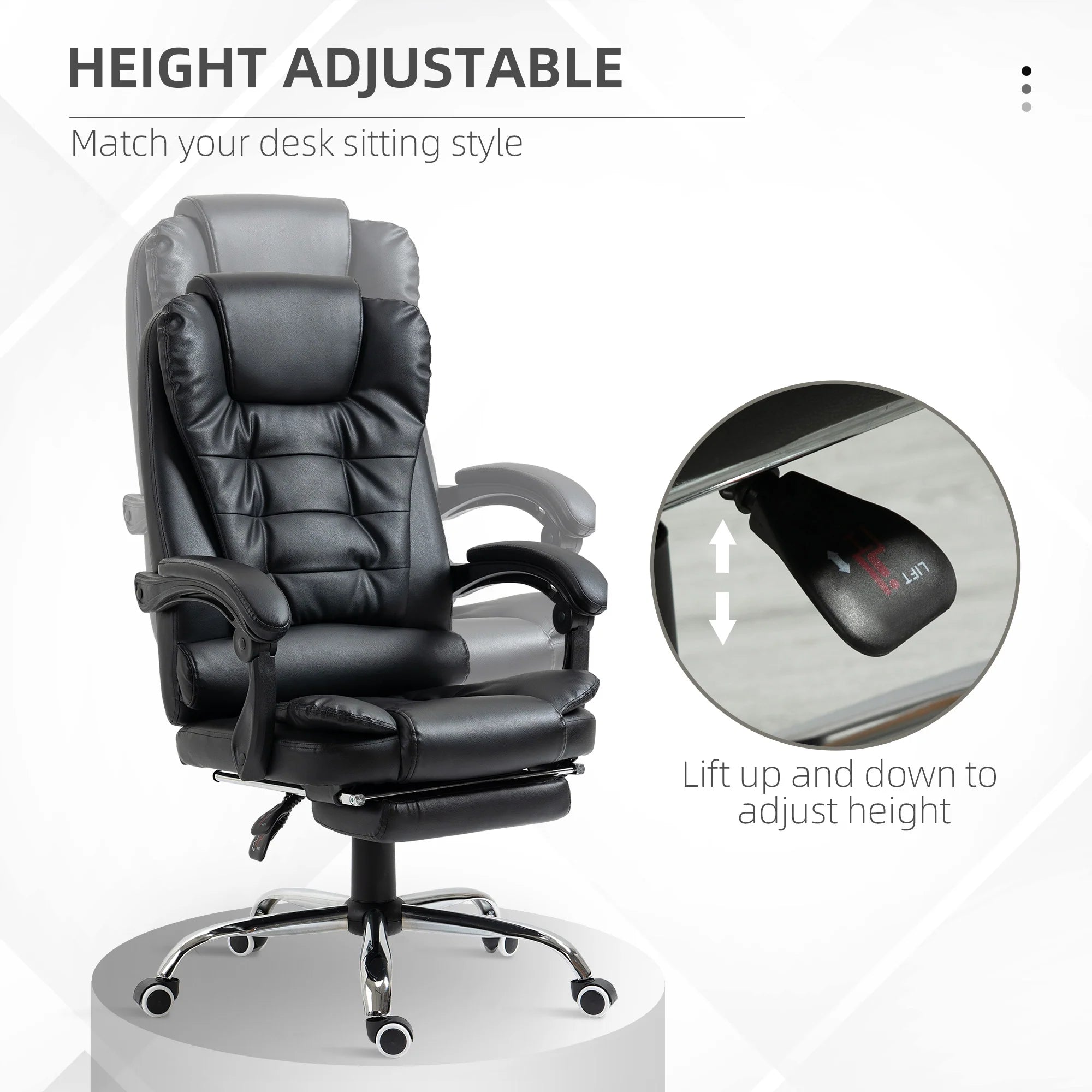 Silla de Oficina Ejecutiva, Sillón de Cuero PU con Respaldo Reclinable y Reposapiés, Negro