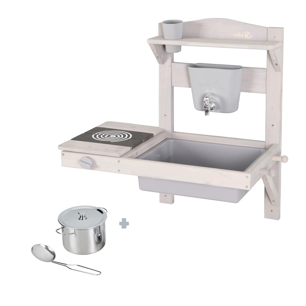 Cocina colgante de juego y barro con accesorios – Madera certificada FSC – Acabado en gris grabado