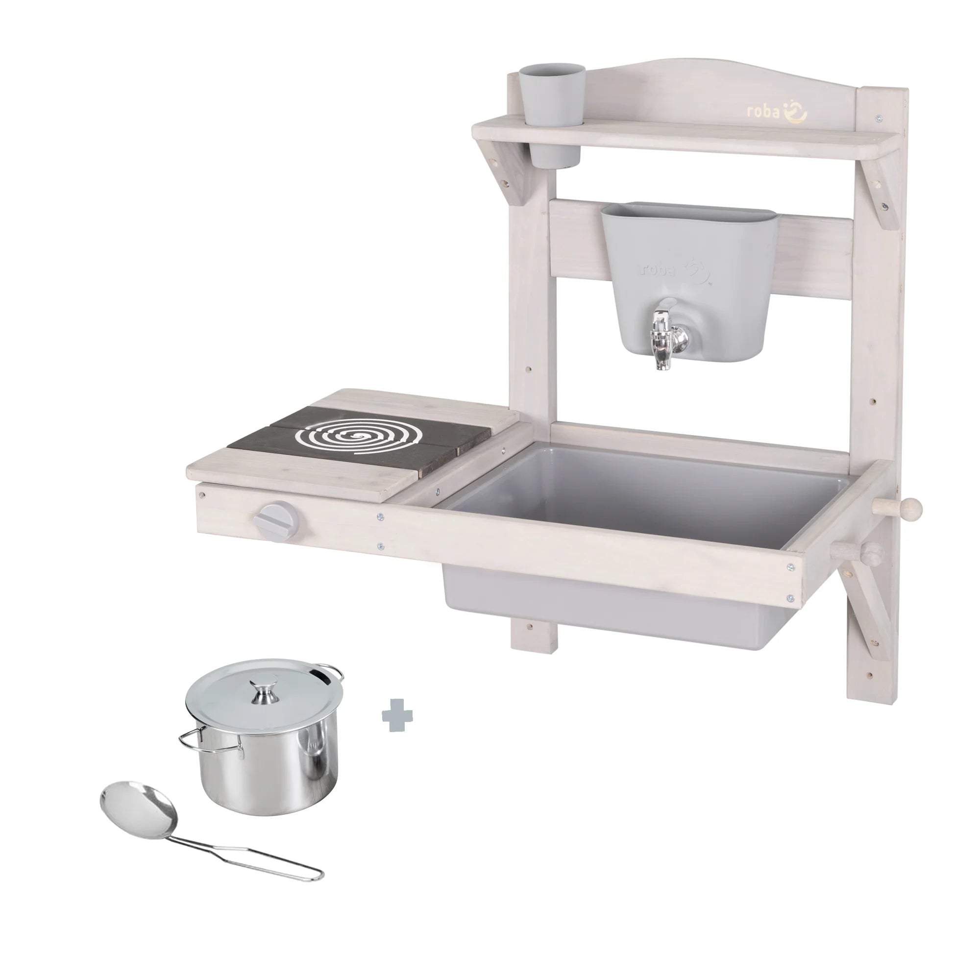 Cocina colgante de juego y barro con accesorios – Madera certificada FSC – Acabado en gris grabado