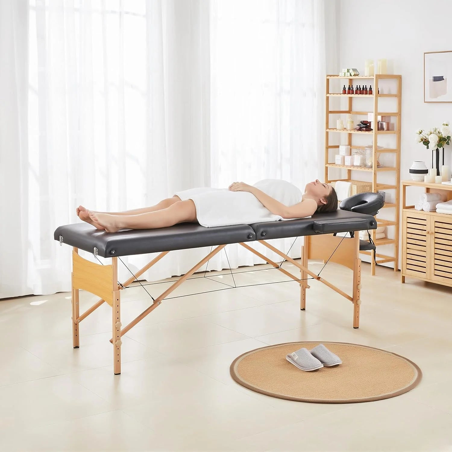 Mesa de Masajes Yaheetech – Mesa Plegable Portátil para Tratamientos, Pestañas, Spa – Mesa de Masaje Ajustable en 2 Secciones con Bolsa No Tejida, 24 pulgadas, Negra