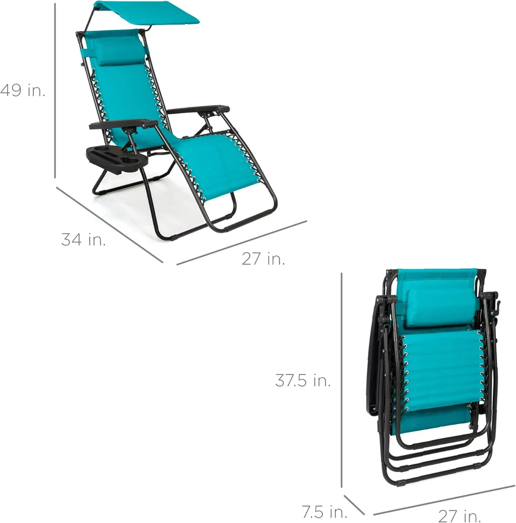 Best Choice Products – Silla Reclinable de Patio con Gravedad Cero, Ajustable y Plegable para Exteriores con Dosel, Almohada Cervical y Bandeja Lateral, Textileno – Azul Pavo Real