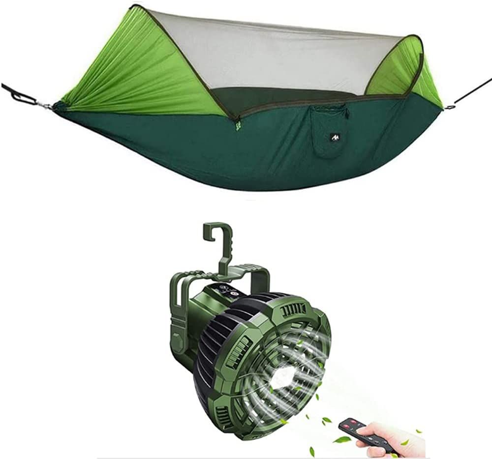 Hamaca de Camping AYAMAYA con Mosquitera y Toldo para el Sol + Ventilador Recargable para Camping con Luz LED