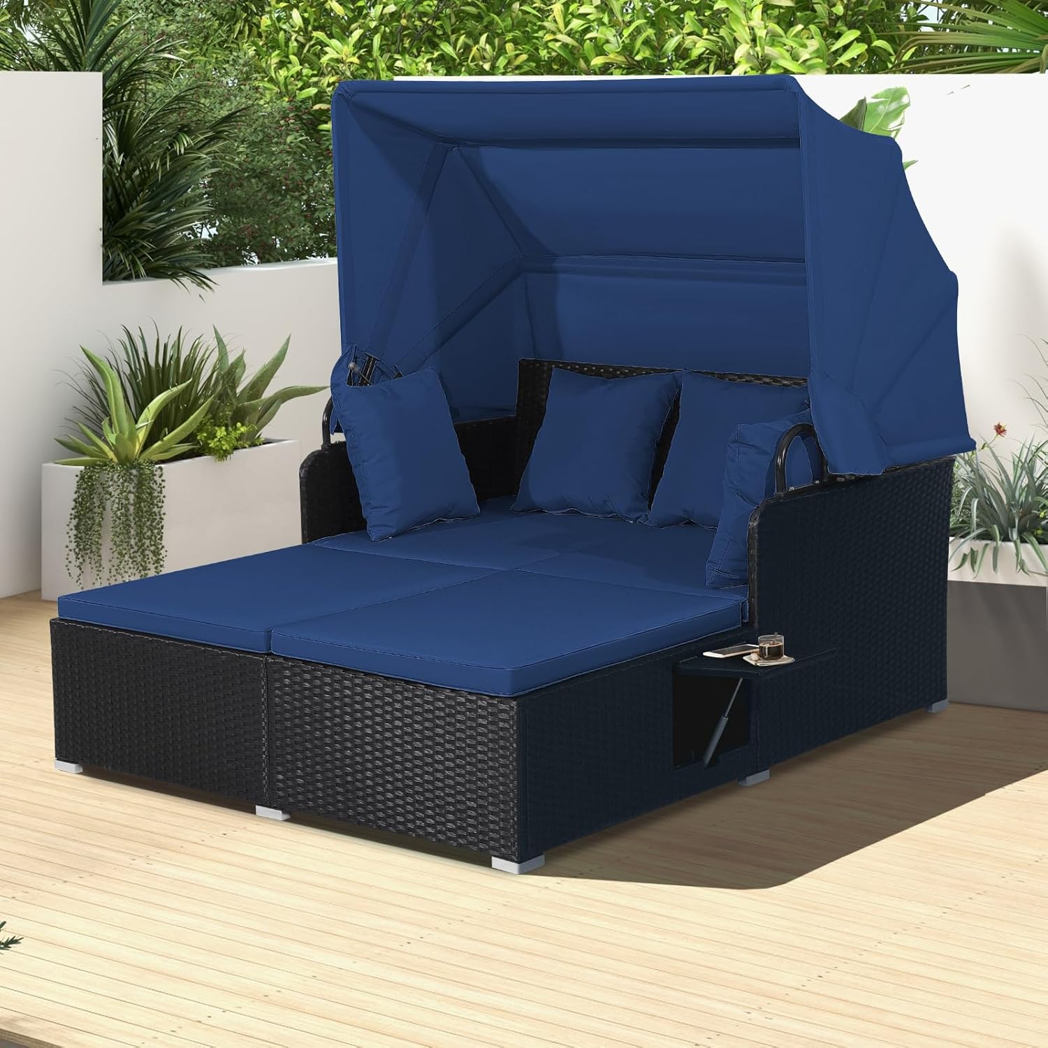 RELAX4LIFE Cama de Jardín Exterior con Dosel, Tumbona de Resina Trenzada con Cojines, 4 Almohadas y 2 Bandejas Laterales Retráctiles, Cama Lounge para 2 Personas para Piscina, Porche, Jardín, Cama de Exterior de Ratán (Turquesa)