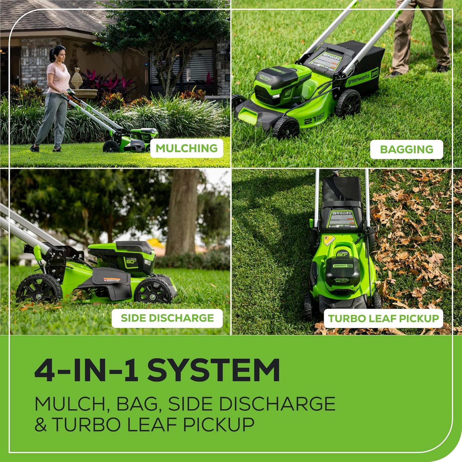 2025 Cortacésped autopropulsado inalámbrico 60V 21” con 2 baterías de 4,0Ah y cargador rápido de doble puerto – Greenworks