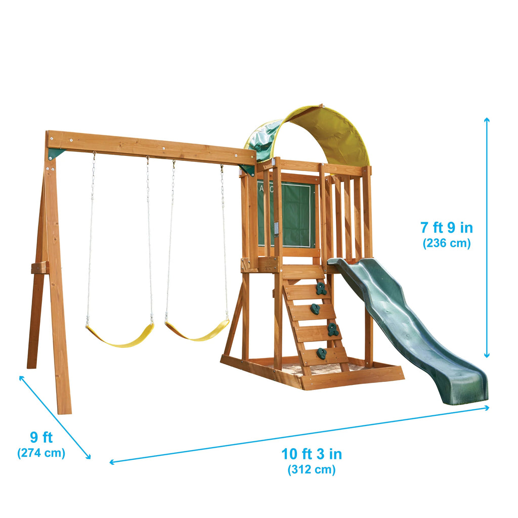 El conjunto de juegos al aire libre KidKraft Ainsley con resbaladilla y pared para escalar
