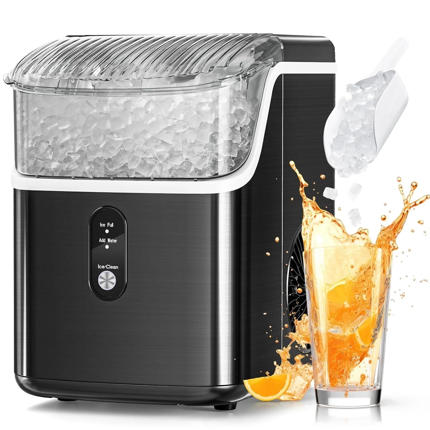 2025 Máquina de hielo tipo nugget para encimera, hielo en trozos masticables, 15 kg/24 h, autolimpiante, hielo sónico, operación con un solo botón, para cocina u oficina, acero inoxidable plateado
