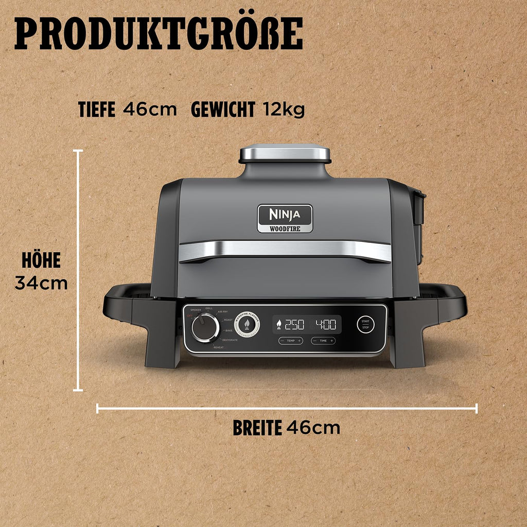 2025 Ninja Woodfire Grill Eléctrico & Ahumador & Freidora de Aire, Parrilla Exterior 7 en 1, Air Fry, Ahumado, Asado, Cocción, Resistente a la Intemperie, Antiadherente, Portátil, Eléctrico, Gris/Negro OG701EU