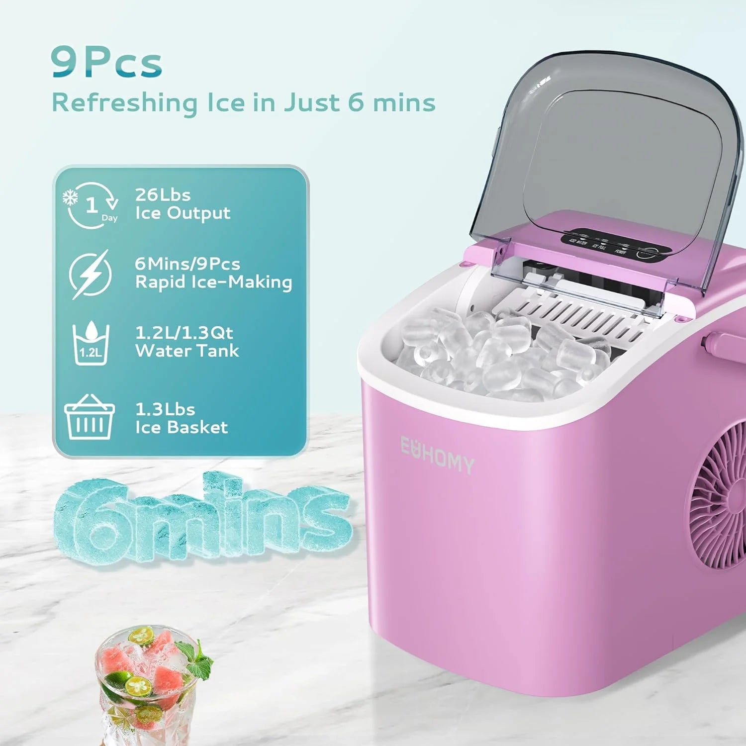 2025 Máquina de hielo portátil EUHOMY 12'' Rosa – Ultra silenciosa con asa