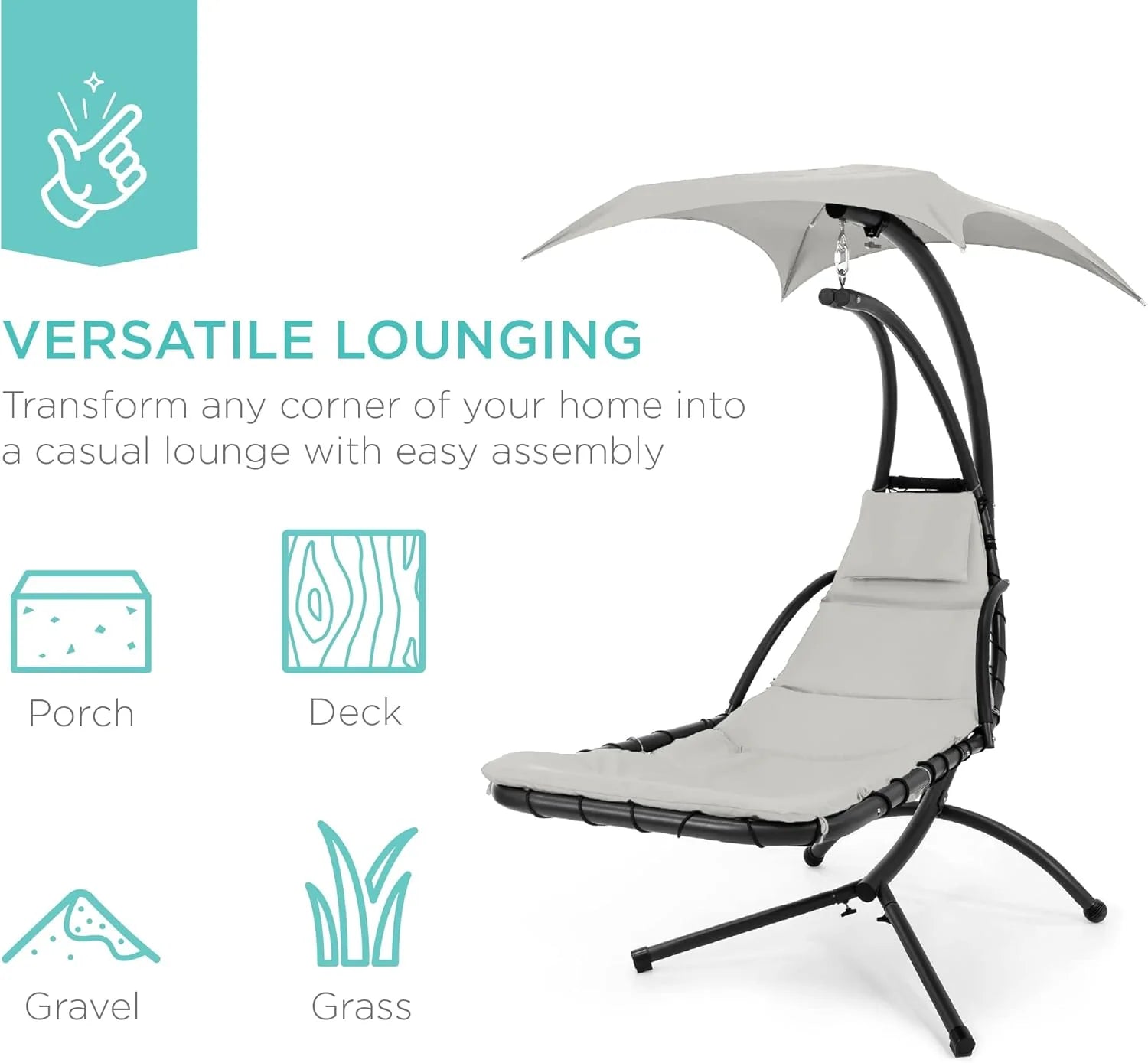 Chaise Longue Suspendue de Exterior Best Choice Products – Silla Balancín Curvada de Acero con Cojín Integrado y Toldo Desmontable – Gris Carbón