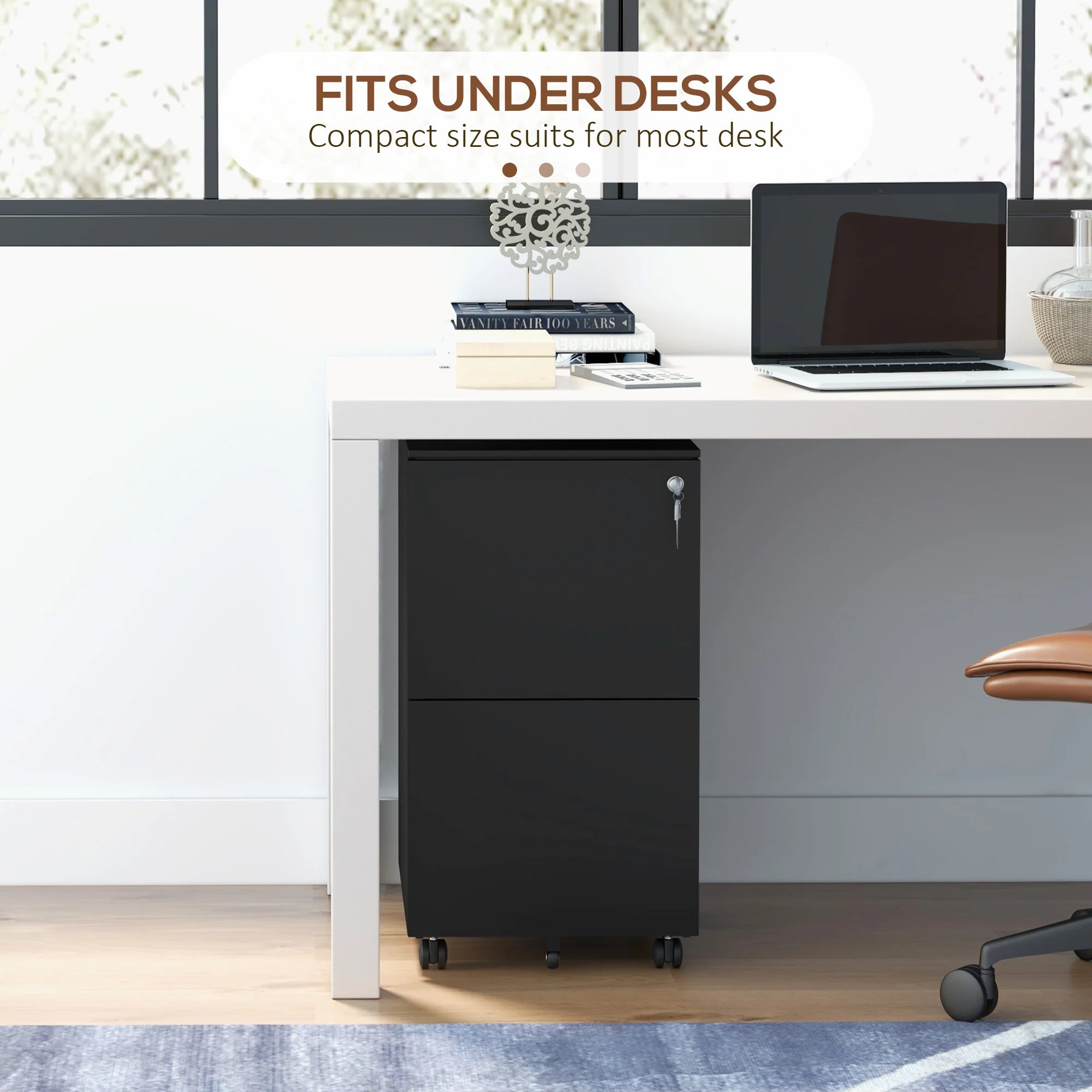 Archivador Móvil de Acero con 2 Cajones y Cerradura, Mueble de Oficina para Debajo del Escritorio, Negro