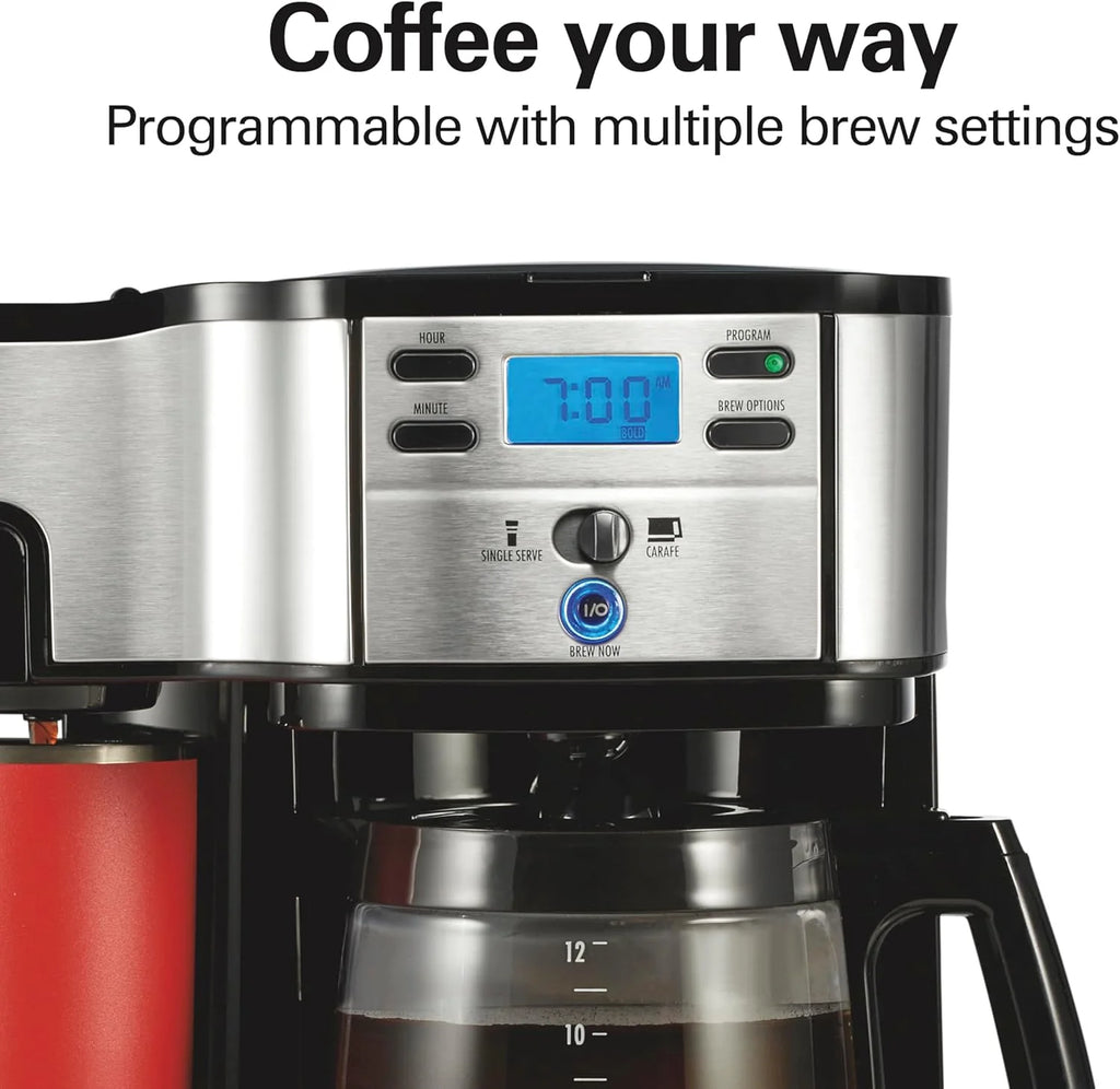 2025 Cafetera de goteo programable 2 en 1 Hamilton Beach, 12 tazas, jarra de vidrio, función pausa y sirve automática, color negro (49980R)