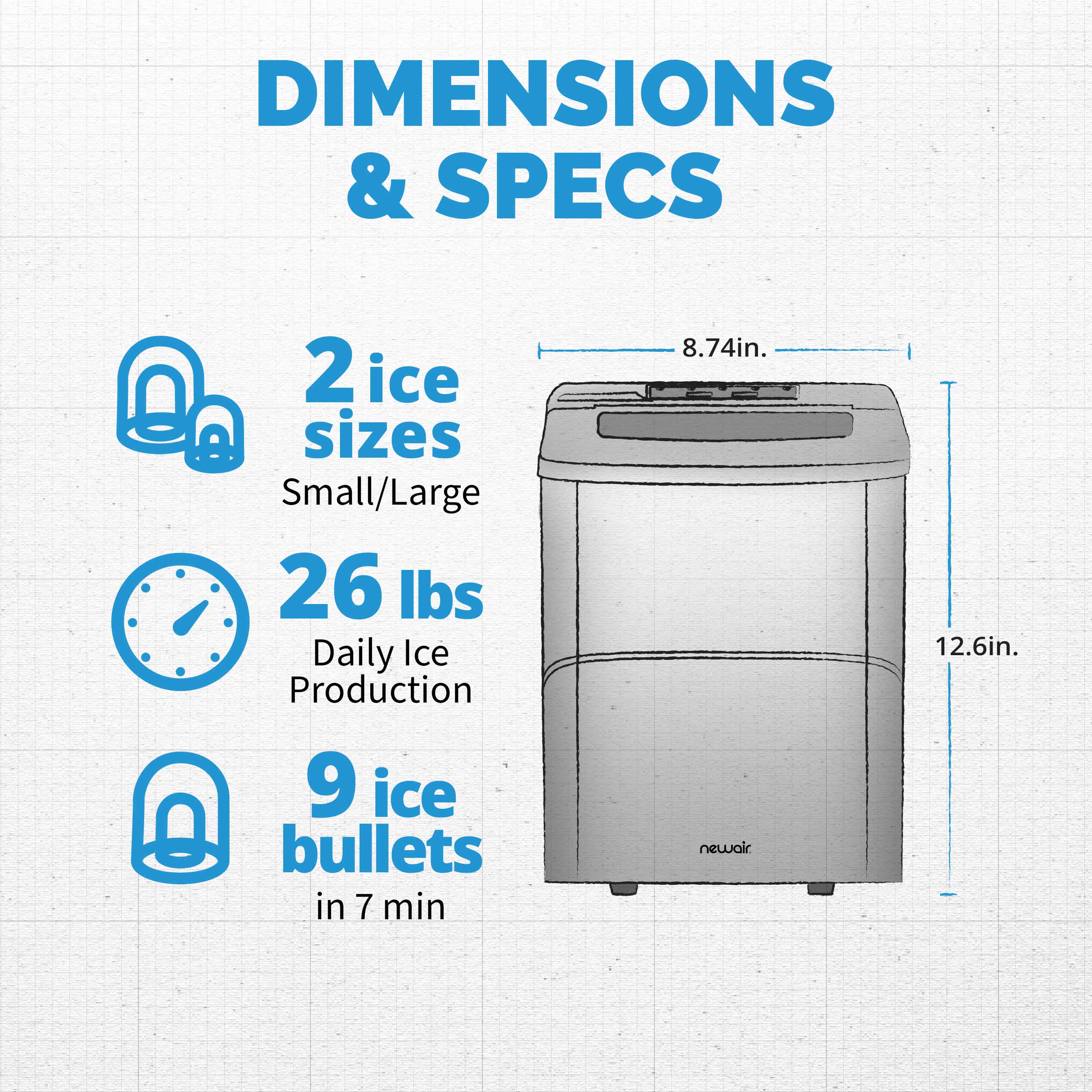 2025 Máquina de Hielo de Encimera Newair® – Cubitos en Forma de Bala, 12 kg/día – Negro Mate