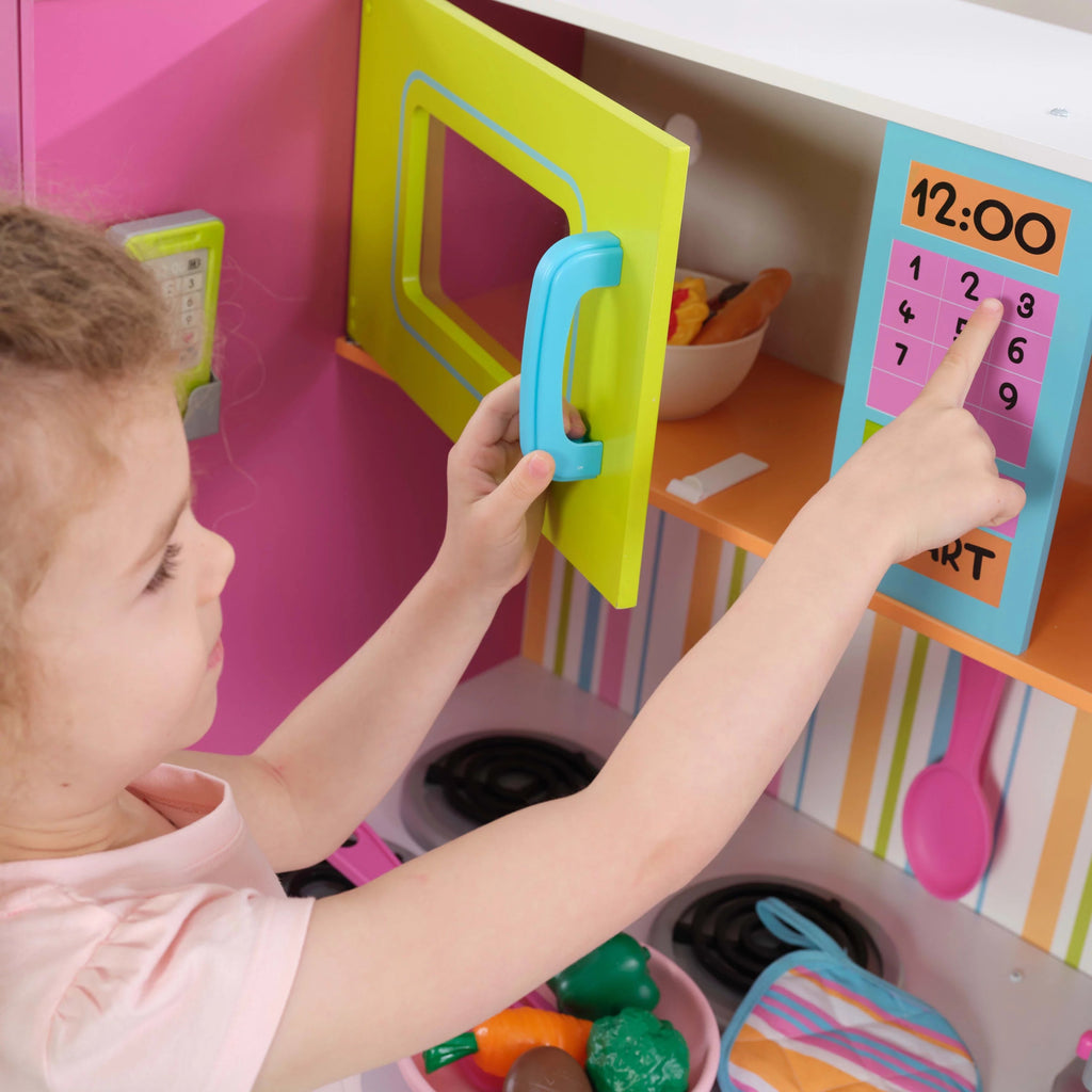 KidKraft Cocina de Juguete de Madera Deluxe Grande y Brillante para Niños, Colores Neón