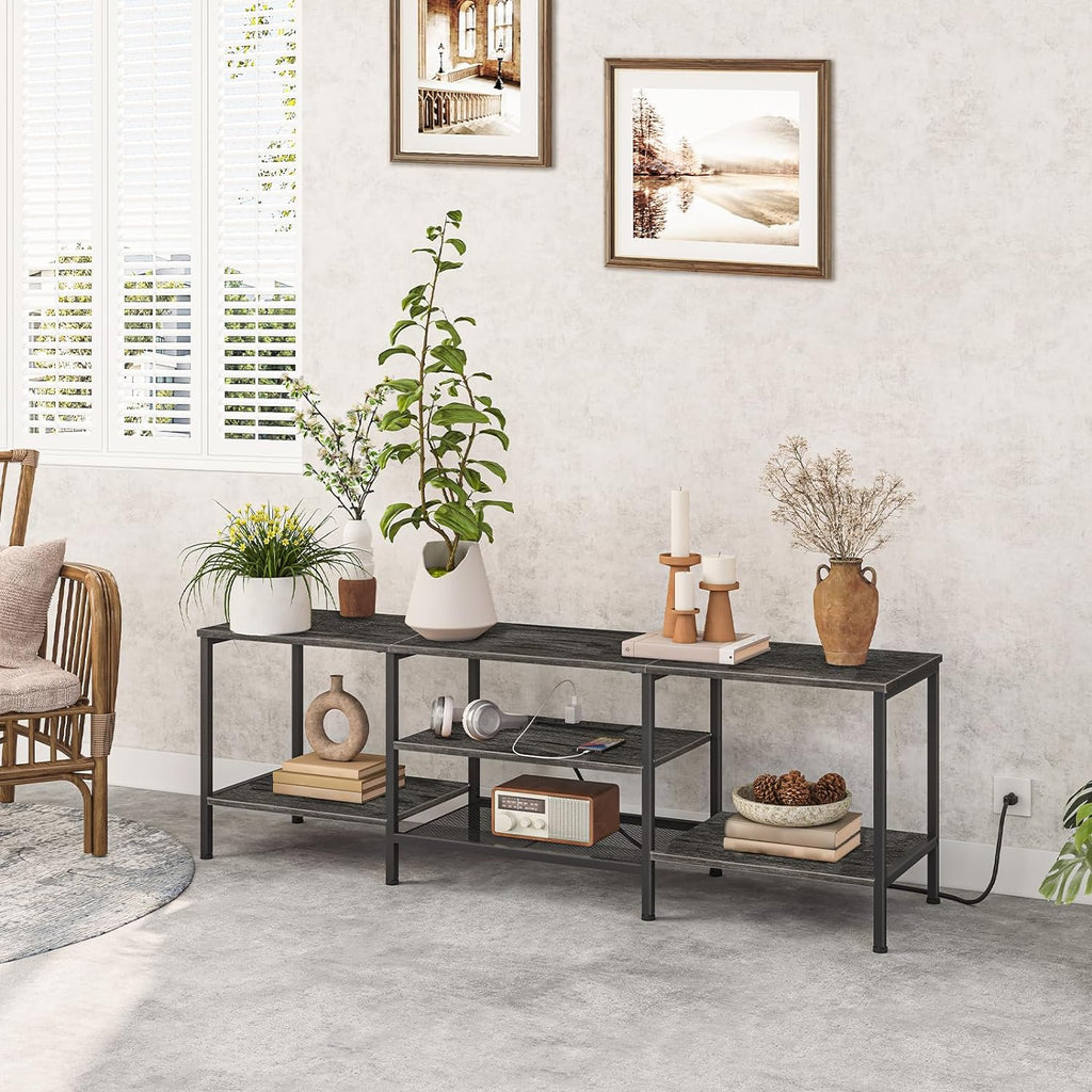 Mueble para TV con Enchufes Integrados para TVs de hasta 75 Pulgadas, Mesa Consola con Estantes Abiertos, Centro de Entretenimiento Industrial para Sala o Dormitorio, Color Marrón Rústico y Negro BF60DS01