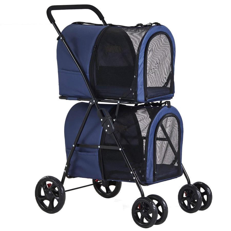 2025 Carrito Doble para Mascotas 42", para 2 Perros o Gatos, Plegable con Suspensión, Azul Marino