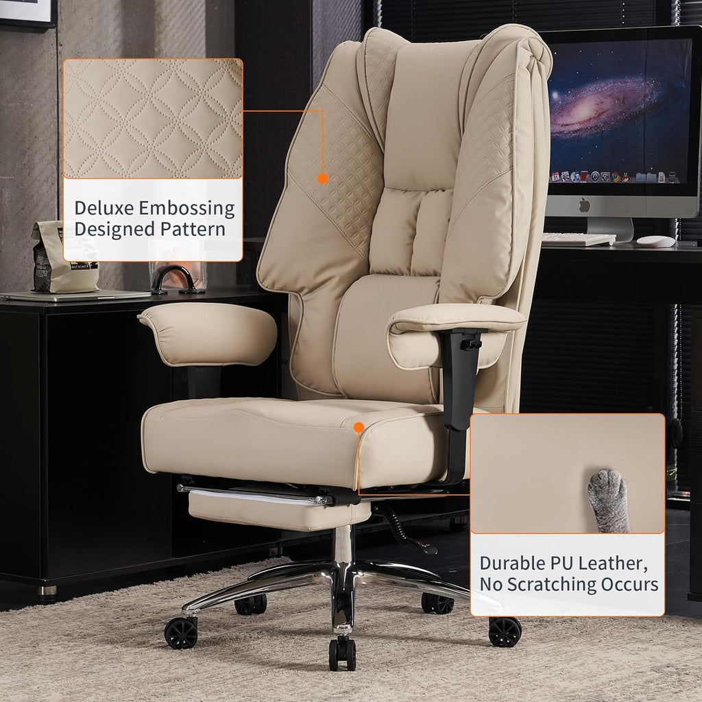 Silla de Oficina Alta y Ancha para 400 lbs, Silla Ejecutiva de Cuero con Respaldo Alto y Reposapiés, Silla Ergonómica con Soporte Lumbar para Aliviar el Dolor de Espalda Baja (Beige)