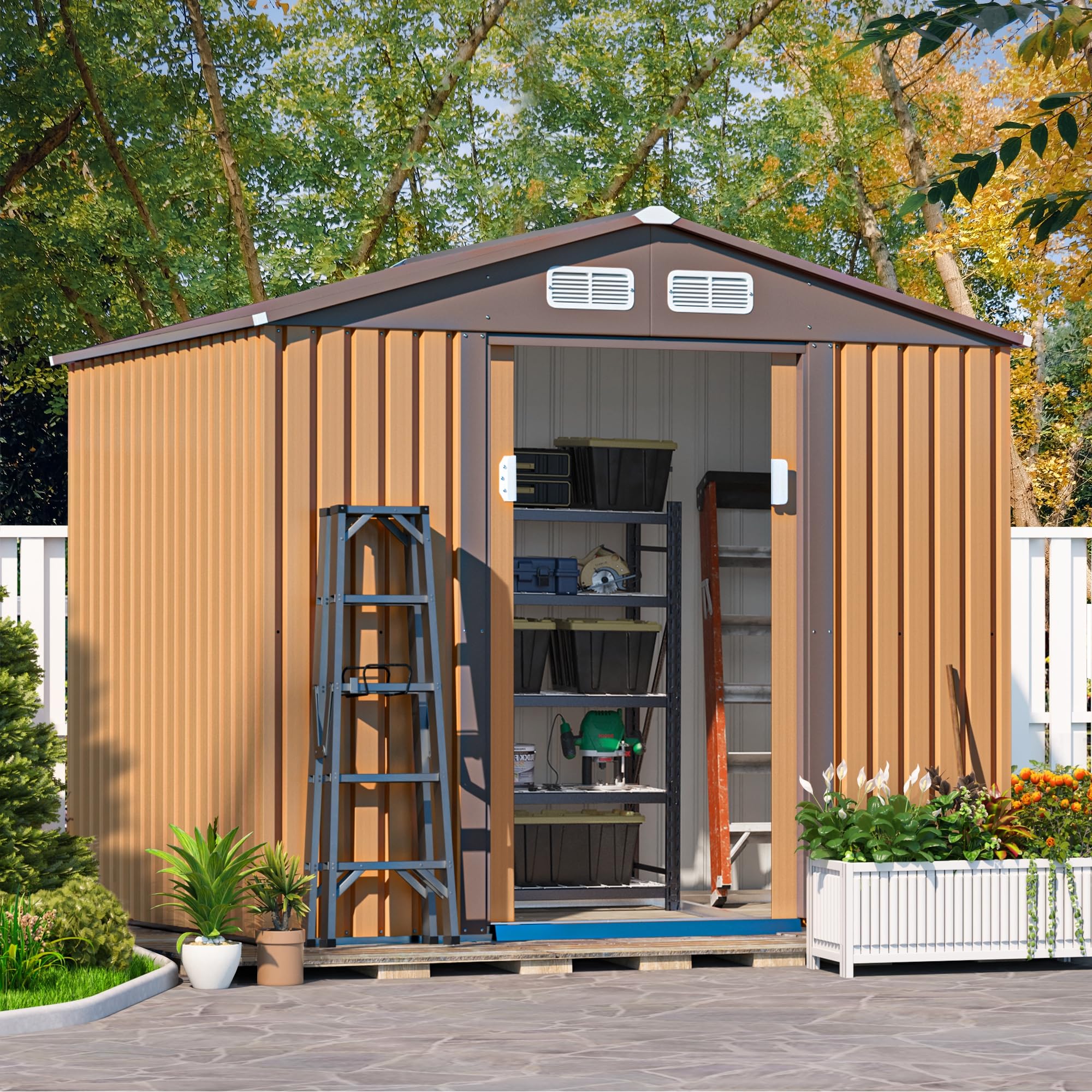 JAXPETY Cobertizo de Jardín y Almacenamiento Exterior de 6×8 Pies – Cobertizo Metálico para Herramientas con Puertas Corredizas para Patio, Jardín o Exteriores – Color Coffee