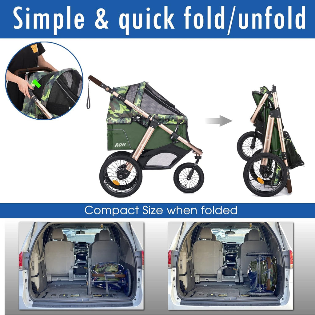Coche Deportivo para Correr con Ruedas de Goma Confort / Entrada sin Cremallera / Plegado Rápido con Una Mano / Estructura de Aluminio para Perros, Gatos y Mascotas Pequeñas o Medianas (Camuflaje Verde)