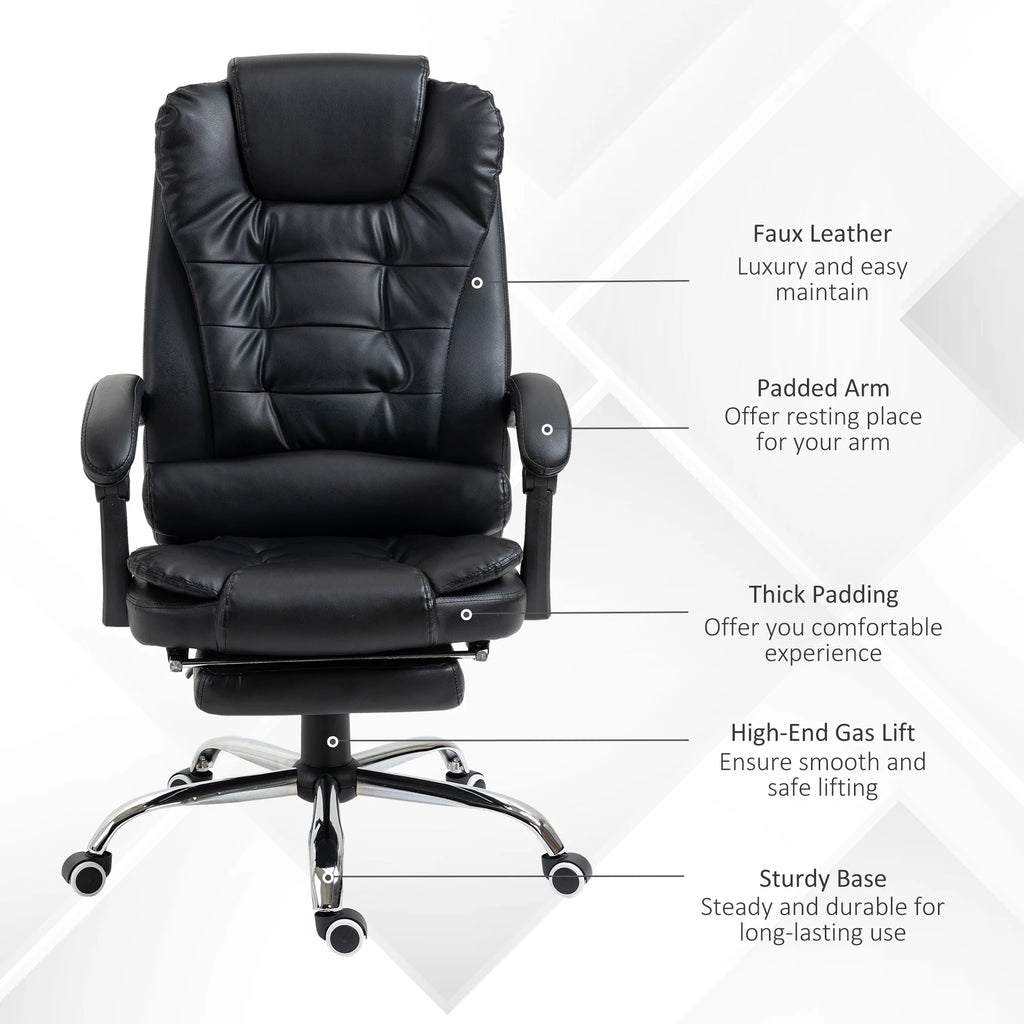 Silla de Oficina Ejecutiva, Sillón de Cuero PU con Respaldo Reclinable y Reposapiés, Negro