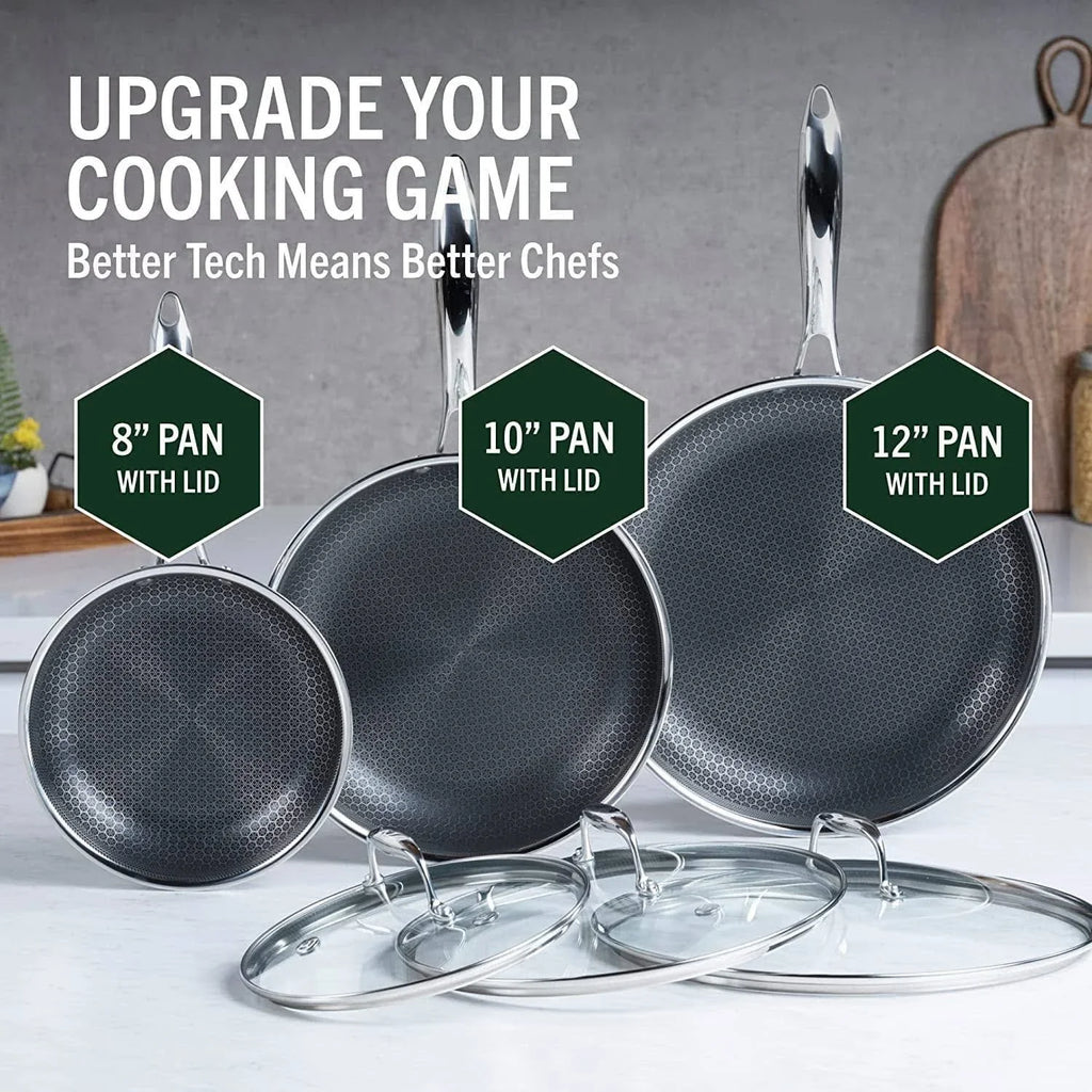 2025 Set de Sarténes Híbridas de Acero Inoxidable HexClad de 6 Piezas – 8", 10", 12" con Tapas de Vidrio, Talla Única, Negro