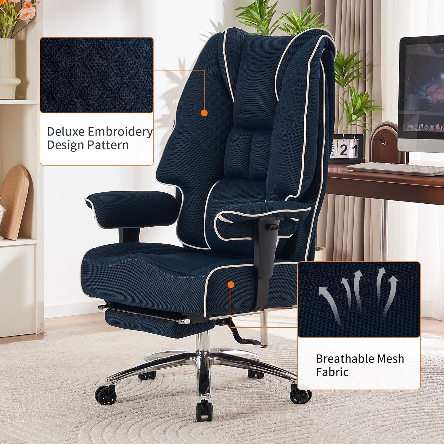 Silla de Oficina Alta y Ancha para 400 lbs, Silla Ejecutiva de Cuero con Respaldo Alto y Reposapiés, Silla Ergonómica con Soporte Lumbar para Aliviar el Dolor de Espalda Baja (Beige)