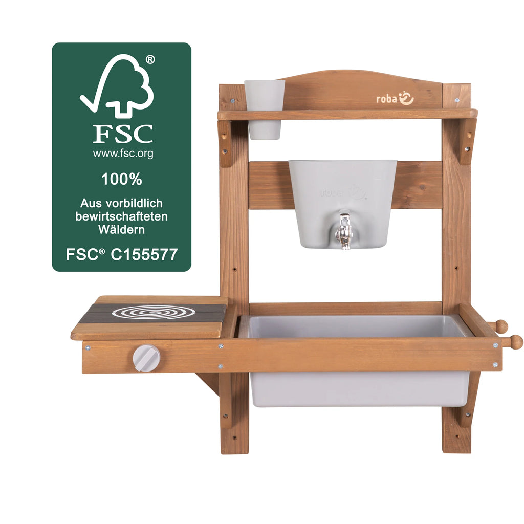 Cocina de juego al aire libre con accesorios – Madera certificada FSC – Acabado en gris grabado