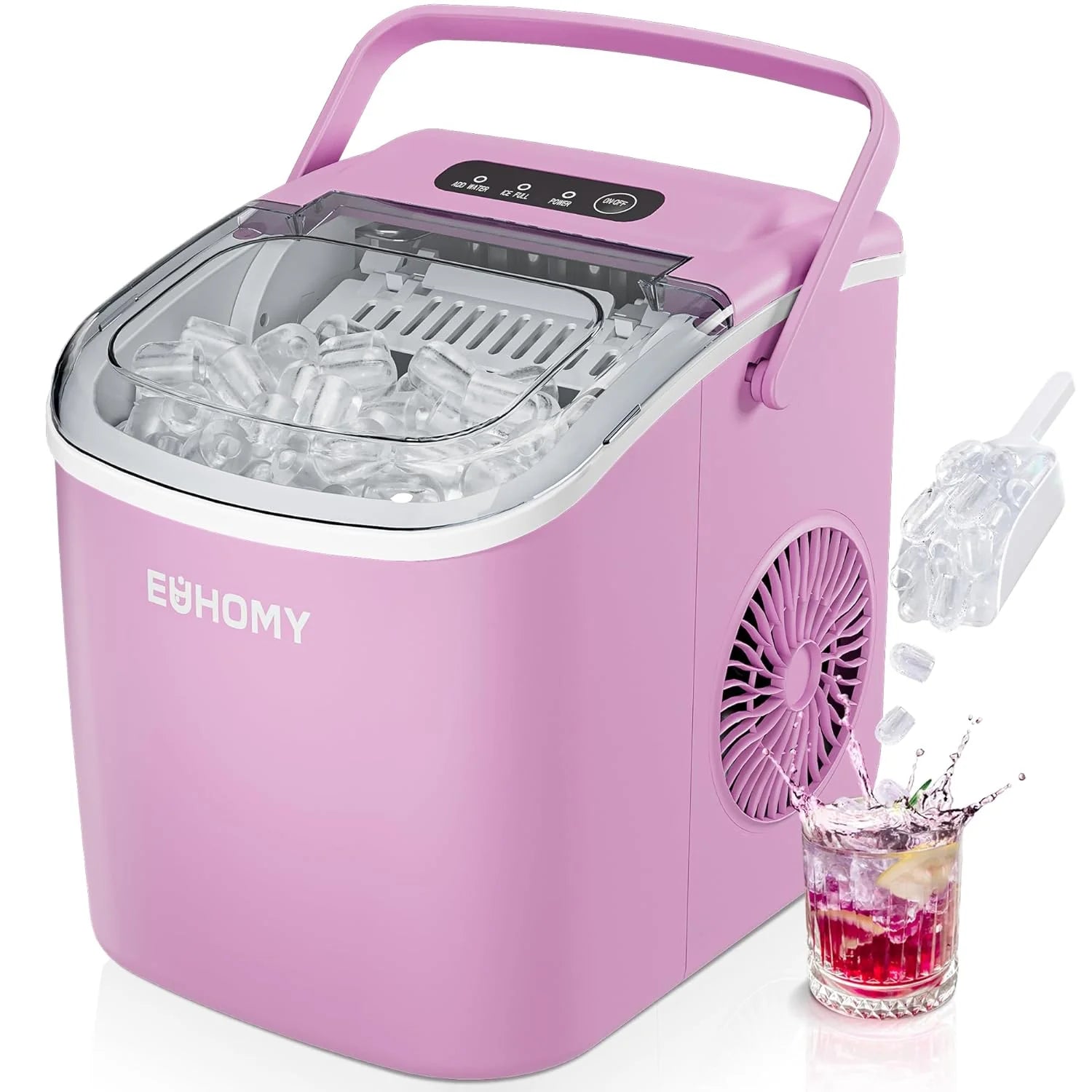 2025 Máquina de hielo portátil EUHOMY 12'' Rosa – Ultra silenciosa con asa