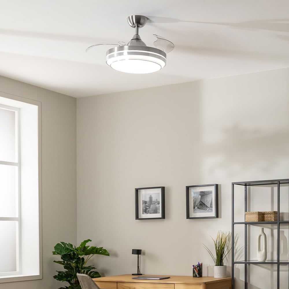 Ventilador de Techo Cecotec con Aspas Retráctiles y Lámpara Invisible EnergySilence Aero 4280 de Acero, 40 W, Diámetro 42 Pulgadas (106 cm), Temporizador, 3 Tonos de Luz, Función Verano-Invierno