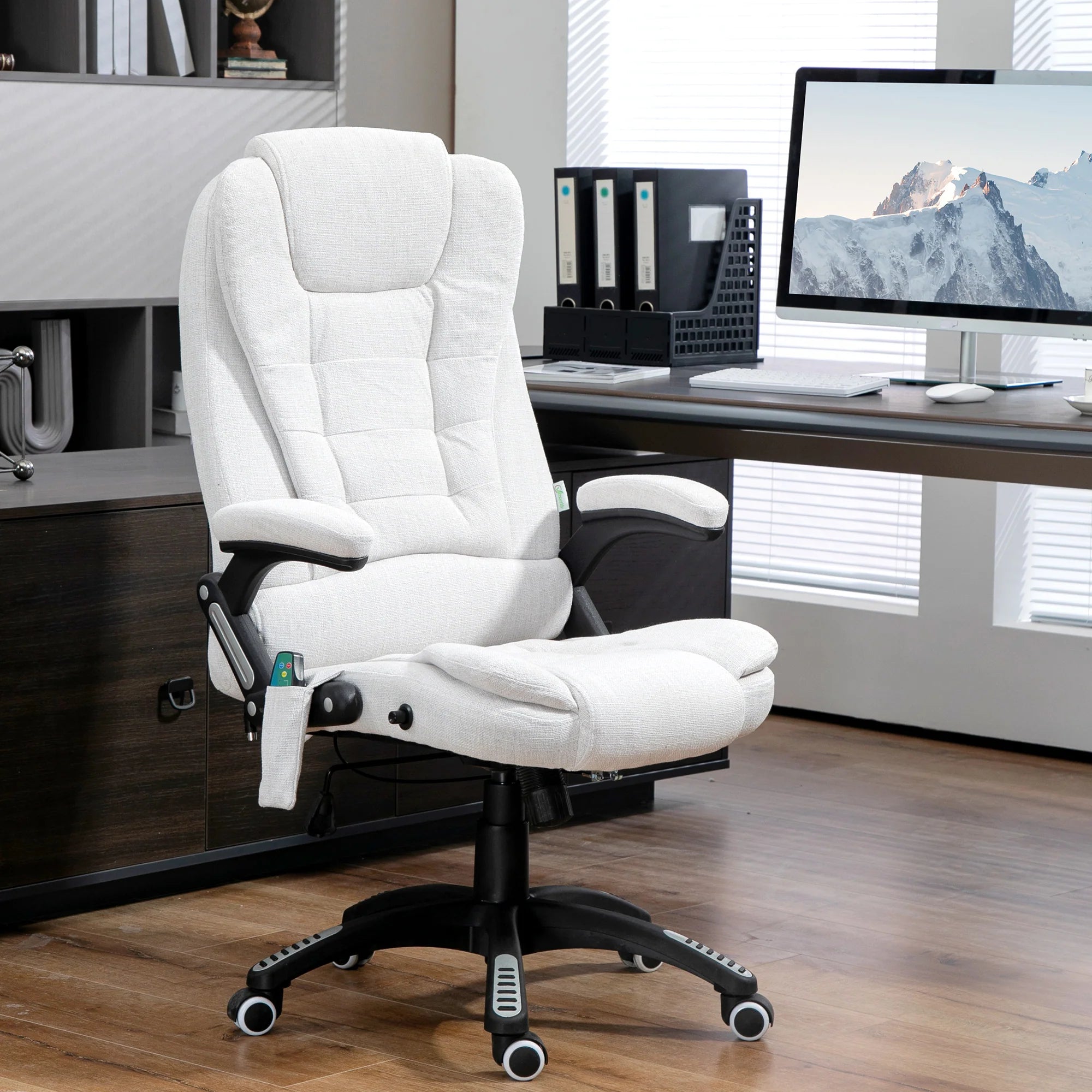 Silla de Oficina Ergonómica con Masaje de 6 Puntos y Calefacción en la Espalda, Tela Tipo Lino, Blanco Crema