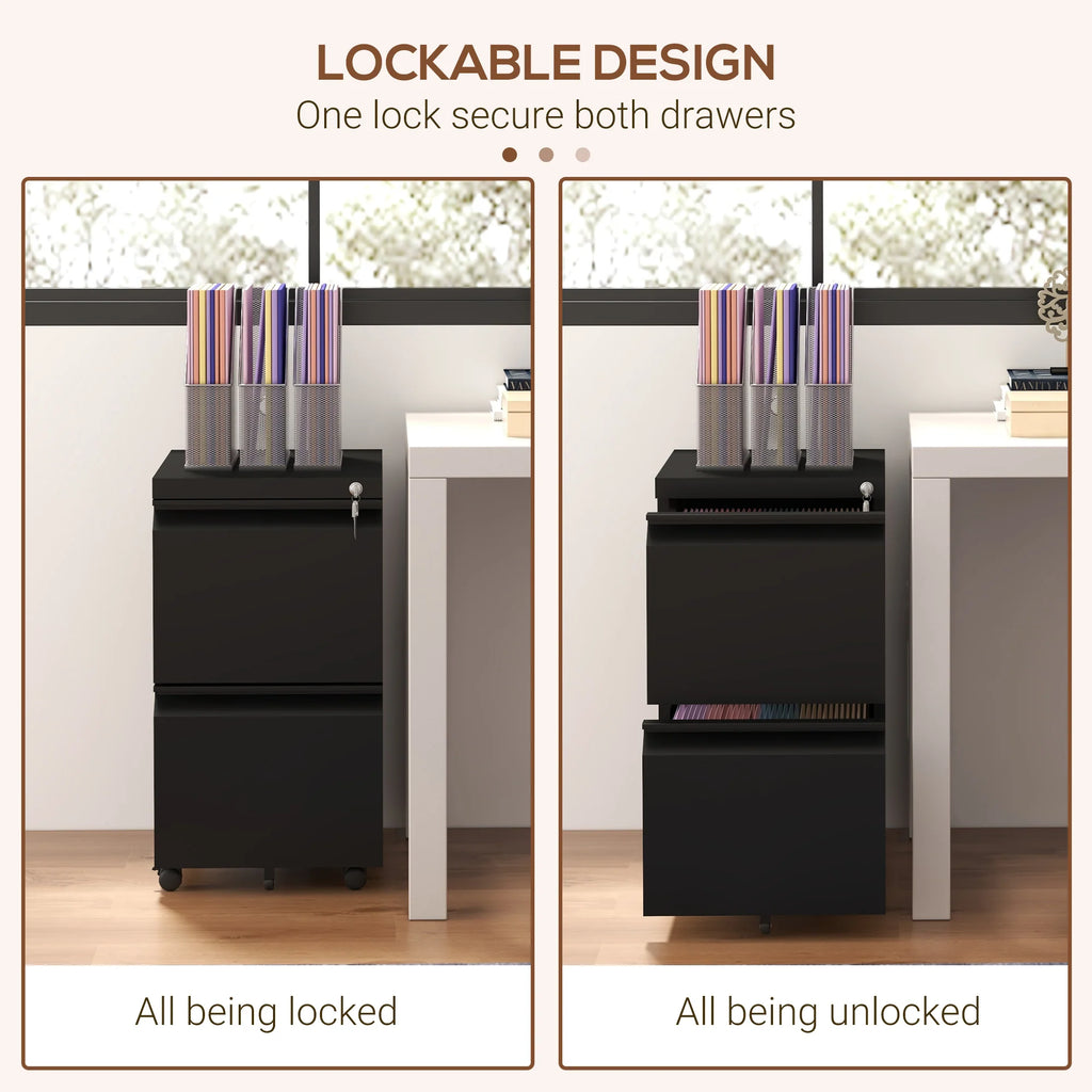 Archivador Móvil con 2 Cajones, Mueble de Archivo Cerrable de Acero, Cuerpo Preensamblado, Negro