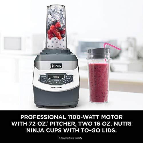 Licuadora Profesional Ninja de Mostrador con Base de 1100 Vatios, Vaso Triturador de 72 oz y (2) Vasos de 16 oz para Bebidas Congeladas y Batidos (BL660), Color Gris