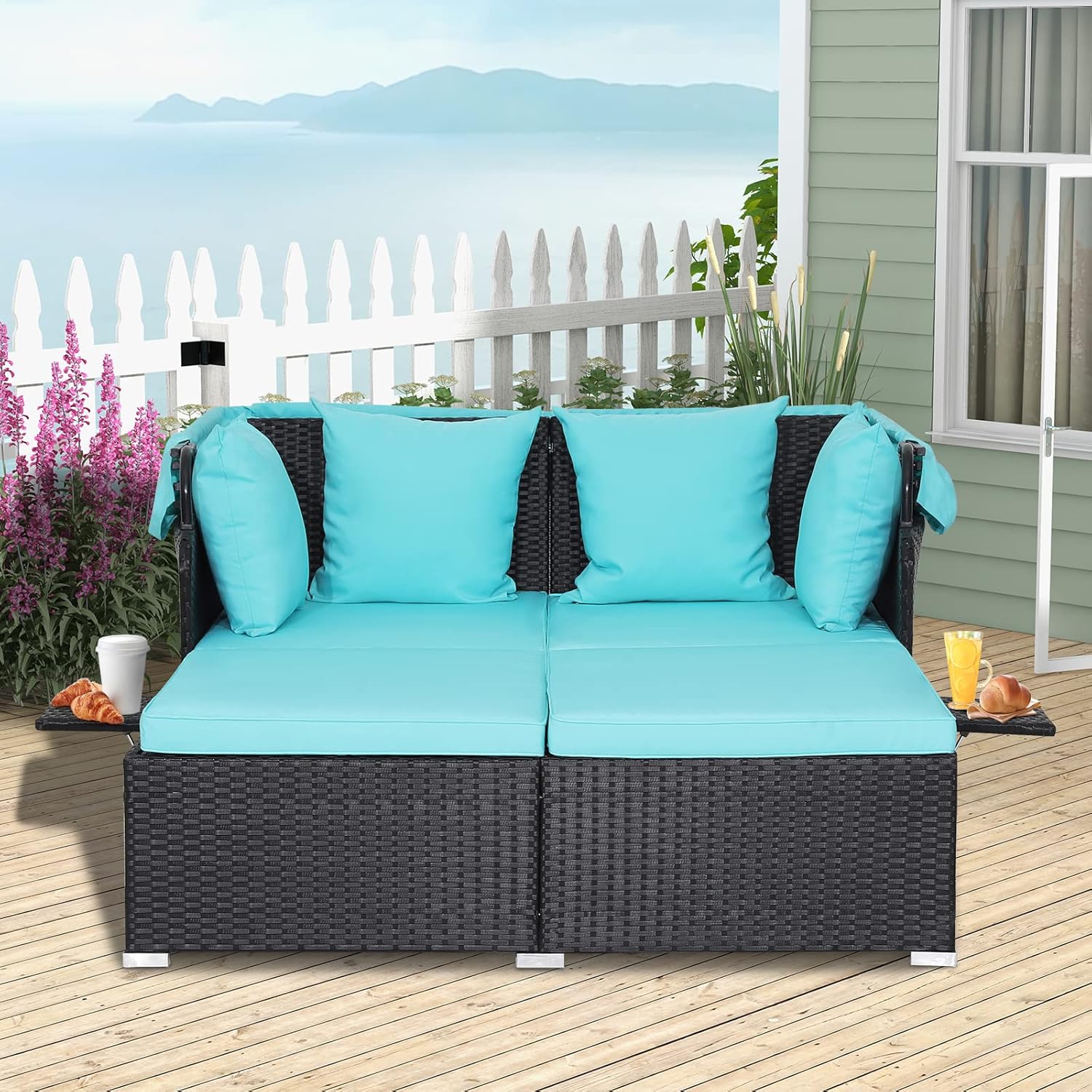 RELAX4LIFE Cama de Jardín Exterior con Dosel, Tumbona de Resina Trenzada con Cojines, 4 Almohadas y 2 Bandejas Laterales Retráctiles, Cama Lounge para 2 Personas para Piscina, Porche, Jardín, Cama de Exterior de Ratán (Turquesa)