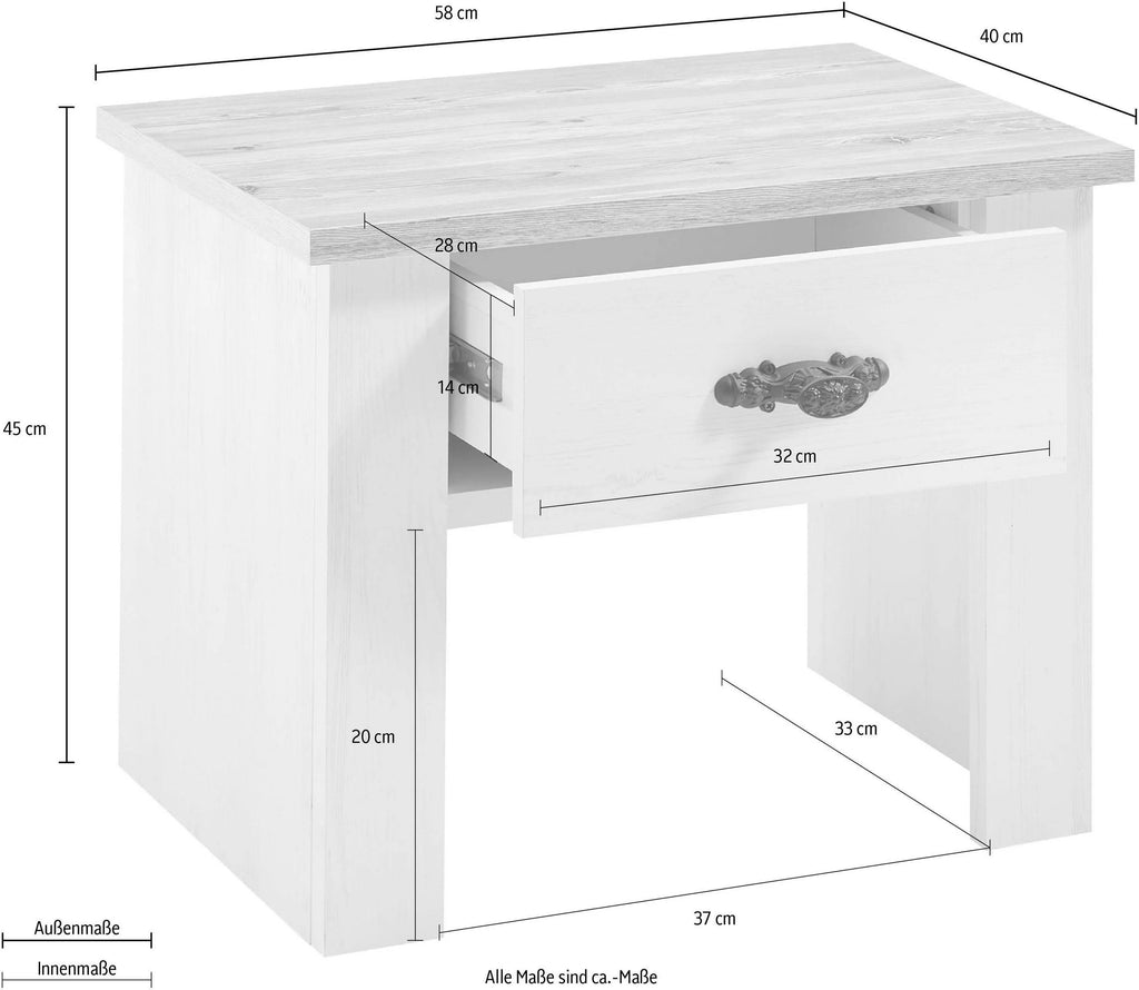 Mesita de noche Florenz blanca con aspecto de madera, 1 cajón, 58 cm de ancho