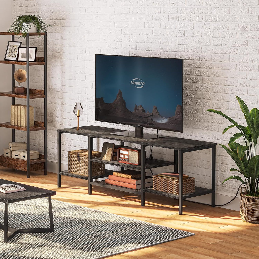 Mueble para TV con Enchufes Integrados para TVs de hasta 75 Pulgadas, Mesa Consola con Estantes Abiertos, Centro de Entretenimiento Industrial para Sala o Dormitorio, Color Marrón Rústico y Negro BF60DS01