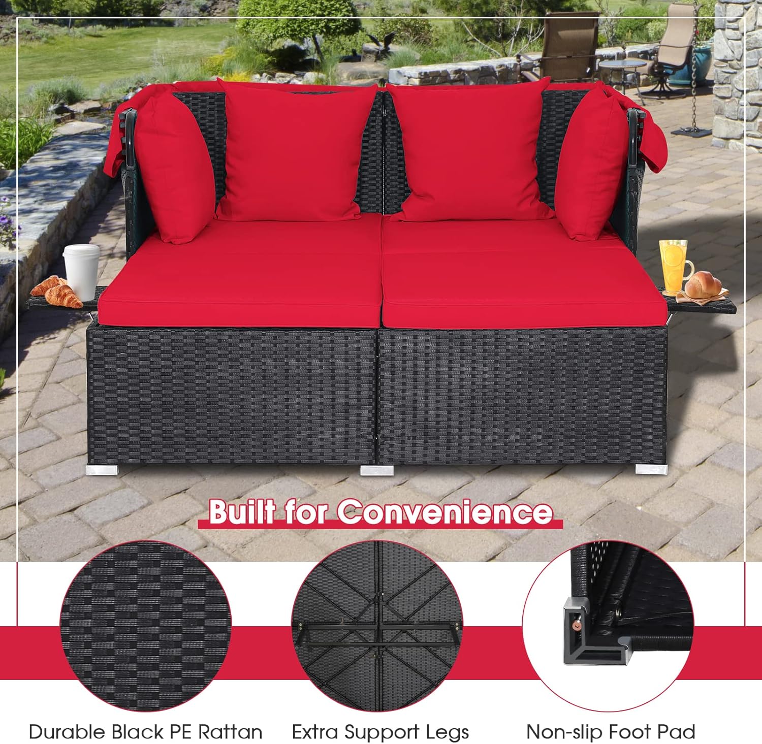 RELAX4LIFE Cama de Jardín Exterior con Dosel, Tumbona de Resina Trenzada con Cojines, 4 Almohadas y 2 Bandejas Laterales Retráctiles, Cama Lounge para 2 Personas para Piscina, Porche, Jardín, Cama de Exterior de Ratán (Turquesa)