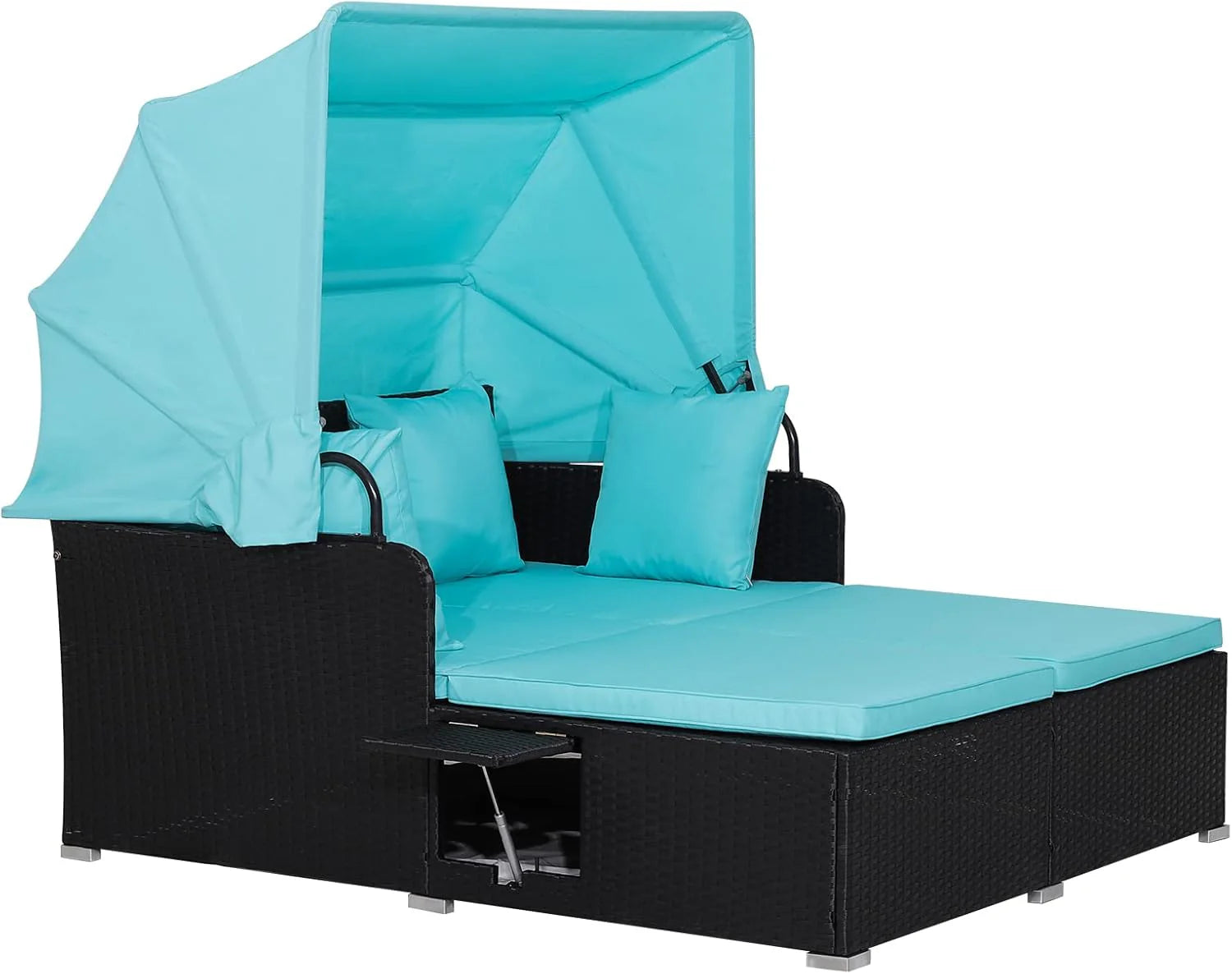 RELAX4LIFE Cama de Jardín Exterior con Dosel, Tumbona de Resina Trenzada con Cojines, 4 Almohadas y 2 Bandejas Laterales Retráctiles, Cama Lounge para 2 Personas para Piscina, Porche, Jardín, Cama de Exterior de Ratán (Turquesa)