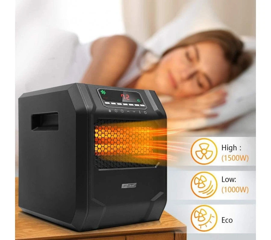 Calefactor de Espacio Infrarrojo LIFE SMART con 6 Elementos de Cuarzo, Pantalla Digital LED, Calentamiento Rápido con Control Remoto y Temporizador, Sistema de Termostato con Protección contra Vuelcos y Sobrecalentamiento para el Hogar