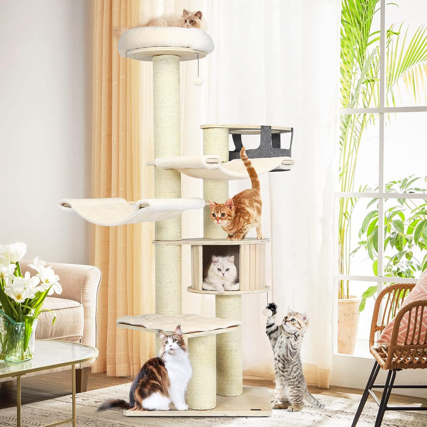 Árbol para Gatos Grande, Torre de Múltiples Niveles con Poste de Sisal, Hamaca, Cesta Colgante y Alfombrillas Desmontables y Lavables, Perfecto para Gatos Grandes
