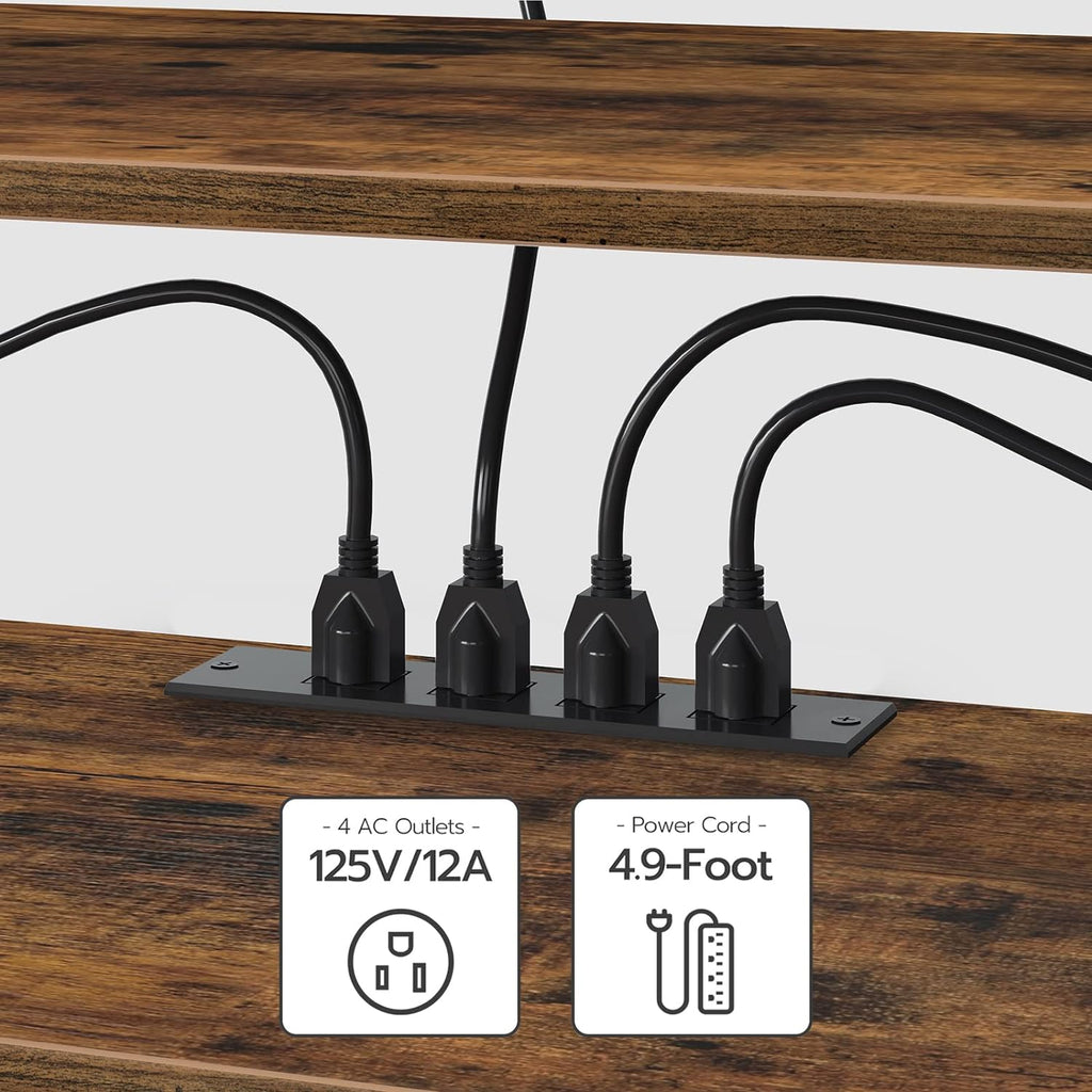 Mueble para TV con Enchufes Integrados para TVs de hasta 75 Pulgadas, Mesa Consola con Estantes Abiertos, Centro de Entretenimiento Industrial para Sala o Dormitorio, Color Marrón Rústico y Negro BF60DS01