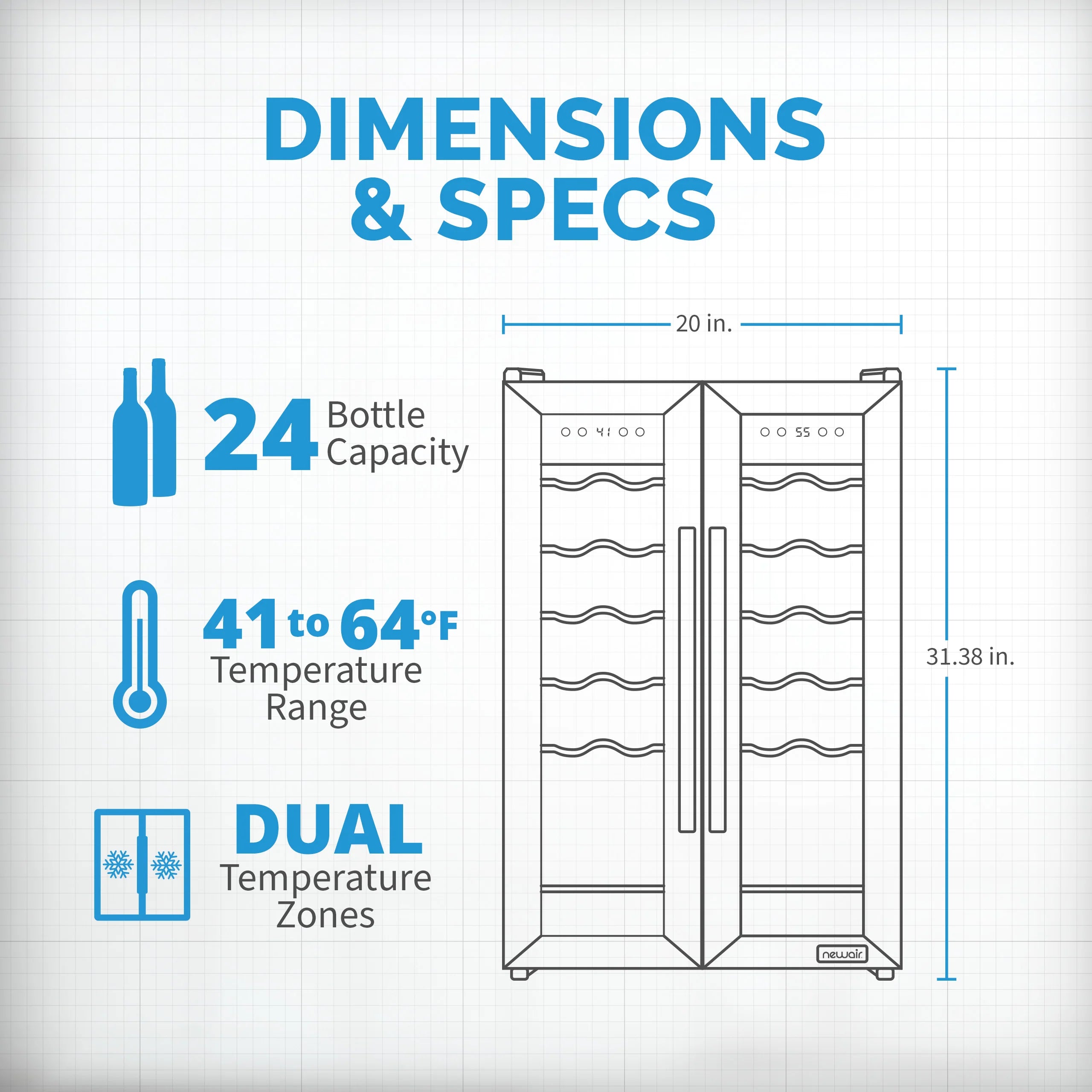 2025 Refrigerador de Vinos Independiente Newair® de Acero Inoxidable – 24 Botellas – 20" con Doble Zona