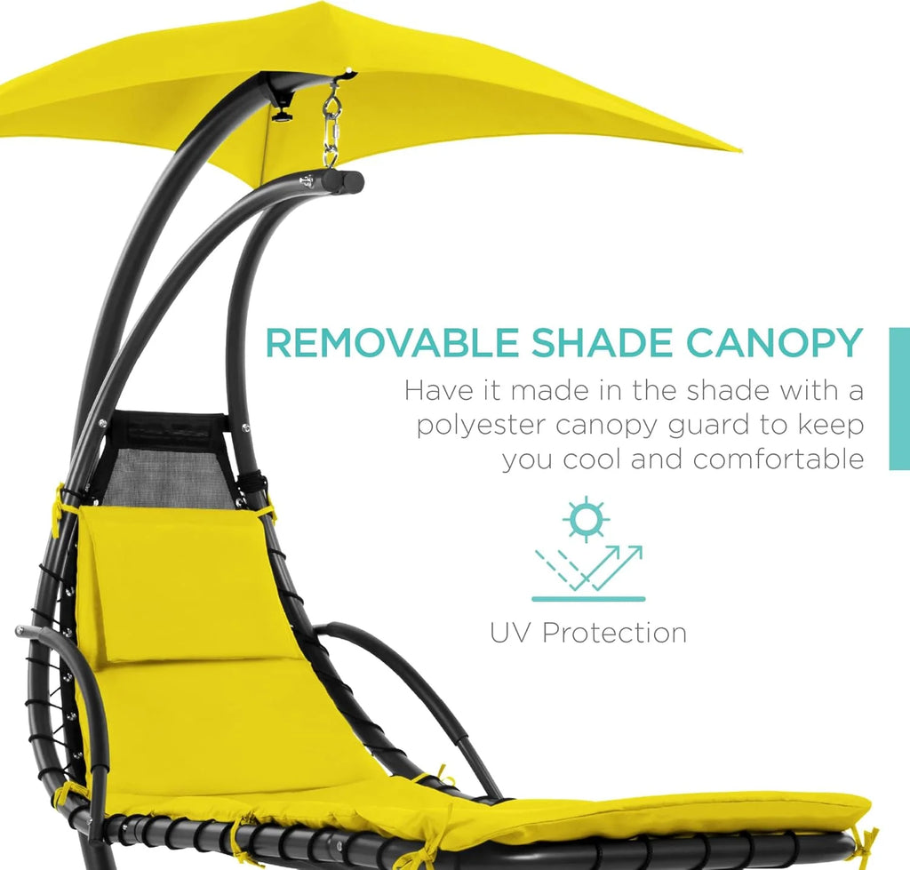 Chaise Longue Suspendue de Exterior Best Choice Products – Silla Balancín Curvada de Acero con Cojín Integrado y Toldo Desmontable – Gris Carbón
